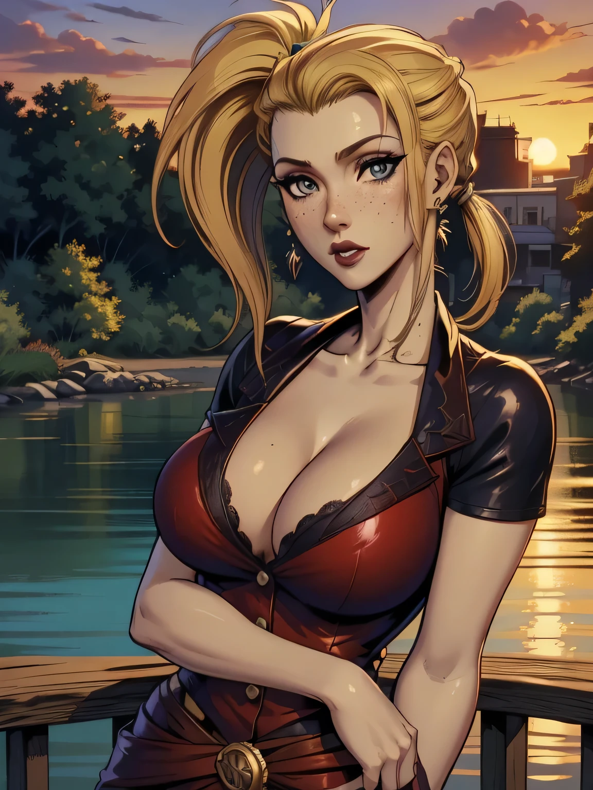 ( linhas absurdas, high definition, ultra fino,  be careful with your hand ) Close-up of a thin woman,  busty and athletic  (Scarlett Final Fantasy), 25 anos, 16k (( high definition )), semblante pensativo, olhar sedutor (( looking at the viewer )), olhos verdes, wearing a red latex t-shirt (( V-neck with buttons and short sleeves )), cintura fina, cinto preto, red latex skirt, arms on the sides of her body, pele branca, (( long yellow hair, with ponytail and fringes  )), She is alone on a bridge over a river (( upper body, From waist to head, side view 3.4 )), with freckles on the neck and breasts, (( seios grandes, redondos e suados 3.4 )), (( Well defined collarbone )). estilo cartoon (( QG )), Urban scenery with sunset in the background.