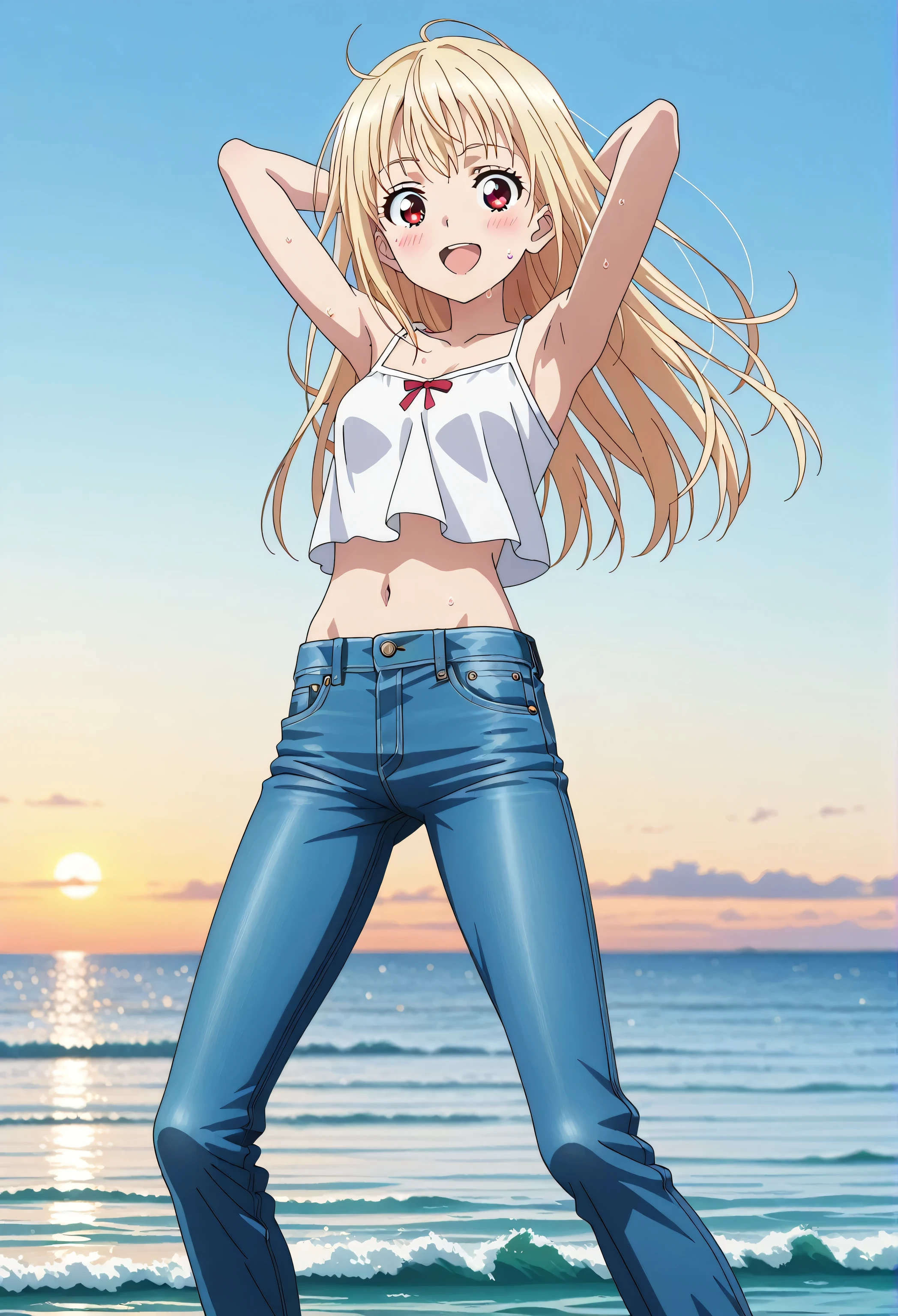 score_9, score_8_up, score_7_up, source_anime, highres, hi res, ((best quality, top quality, perfect quality, Highest Quality, amazing quality)), {{masterpiece}}, {{an extremely delicate and beautiful}}, 2d, intricate details, official style, anime, 8k, anime style, official_anime, official art, digital painting, cell shading, soft shading, high resolution, soothing tones, Subdued Color, Soft cinematic light, adobe lightroom, photolab, HDR, intricately and hyper-detailed, ((high quality animation)), 1 girl, Alone, solo, ((ocean)), tsunami, on the water, day, sunny, outdoors, sky, windy, chisato nishikigi, long hair, bangs, blonde hair, red eyes, anime screencap, small breasts, white camisole top, crop top, white crop top, best quality, hyper-detailed jeans, ((blue jeans:1.9)), (dark blue jeans:0.4), full medium body, medium shot, Open mouth, smiling, happy face, blush, sweat, standing, ((arms behind head:6.0)), bowlegged, jumping pose, action, looking at viewer, spread legs, Bend knees slightly, straight-on front view