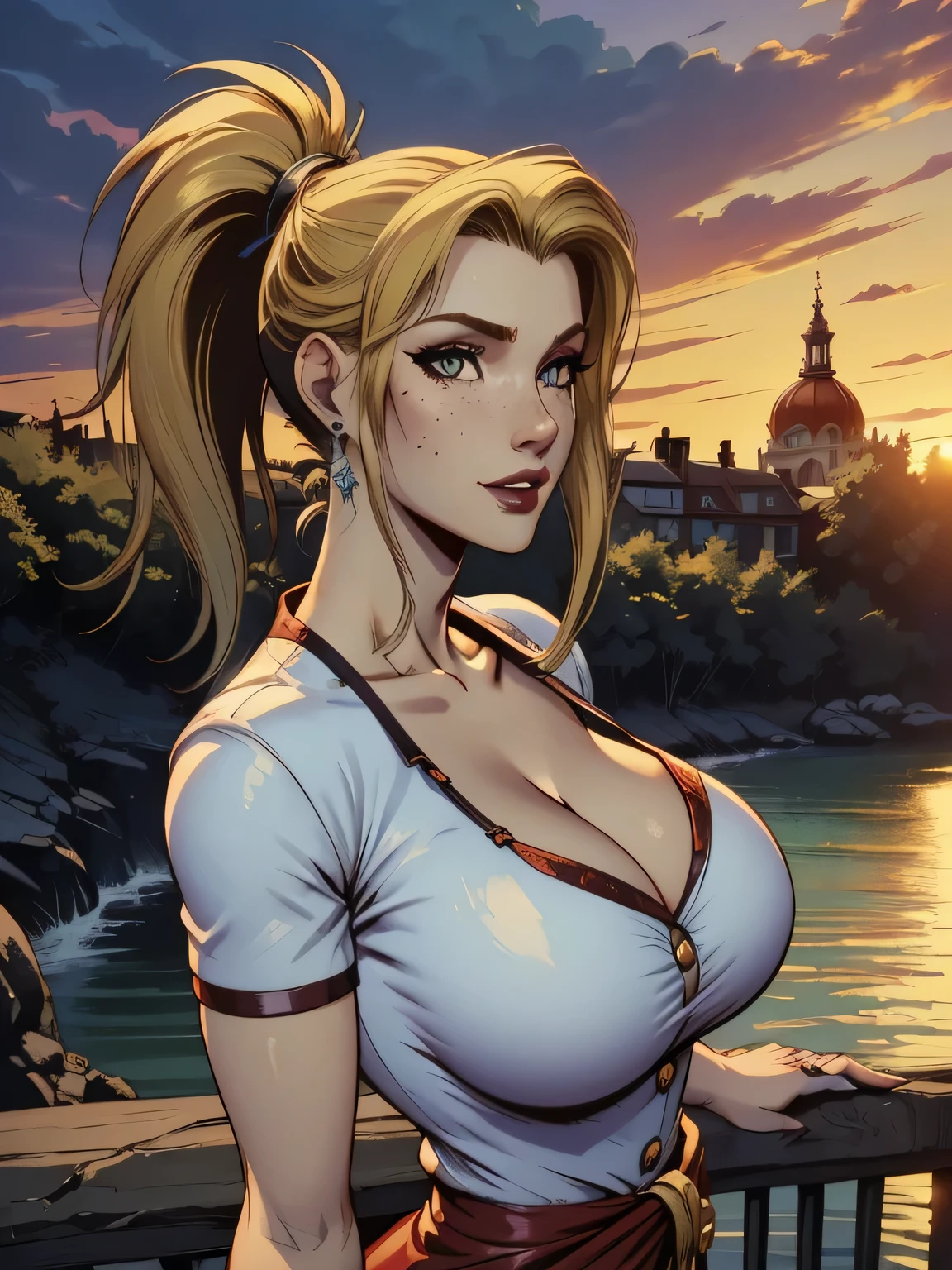 ( linhas absurdas, high definition, ultra fino,  be careful with your hand ) Close-up of a thin woman,  busty and athletic  (Scarlett Final Fantasy), 25 anos, 16k (( high definition )), sorriso lindo, olhar sedutor (( looking at the viewer )), olhos verdes, wearing a red latex t-shirt (( V-neck with buttons and short sleeves )), cintura fina, cinto preto, red latex skirt, arms on the sides of her body, pele branca, (( long yellow hair, with ponytail and fringes  )), She is alone on a bridge over a river (( upper body, From waist to head, side view 3.4 )), with freckles on the neck and breasts, (( seios grandes, redondos e suados 3.4 )), (( Well defined collarbone )). estilo cartoon (( QG )), Urban scenery with sunset in the background.