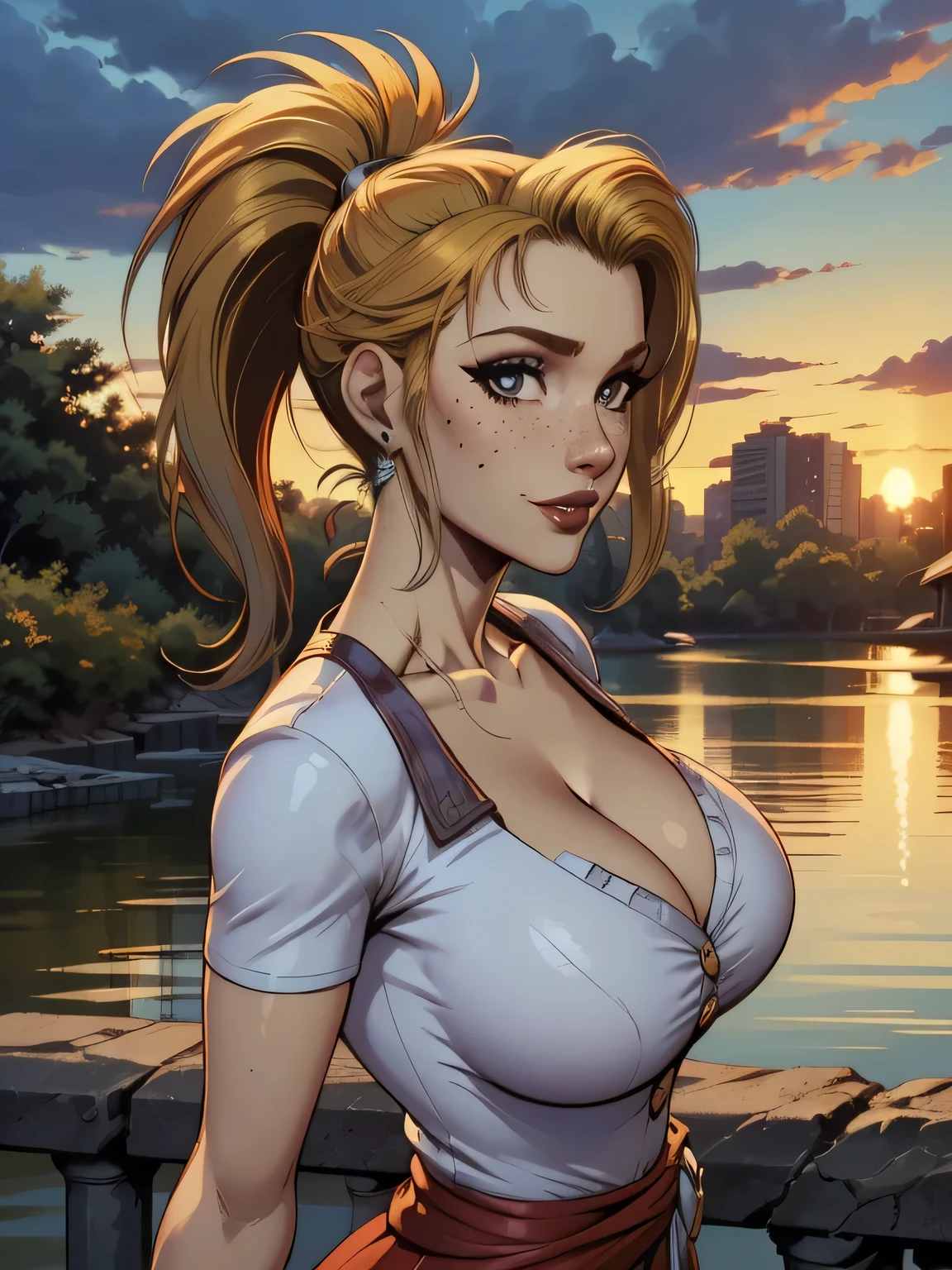 ( linhas absurdas, high definition, ultra fino,  be careful with your hand ) Close-up of a thin woman,  busty and athletic  (Scarlett Final Fantasy), 25 anos, 16k (( high definition )), sorriso lindo, olhar sedutor (( looking at the viewer )), olhos verdes, wearing a red latex t-shirt (( V-neck with buttons and short sleeves )), cintura fina, cinto preto, red latex skirt, arms on the sides of her body, pele branca, (( long yellow hair, with ponytail and fringes  )), She is alone on a bridge over a river (( upper body, From waist to head, side view 3.4 )), with freckles on the neck and breasts, (( seios grandes, redondos e suados 3.4 )), (( Well defined collarbone )). estilo cartoon (( QG )), Urban scenery with sunset in the background.