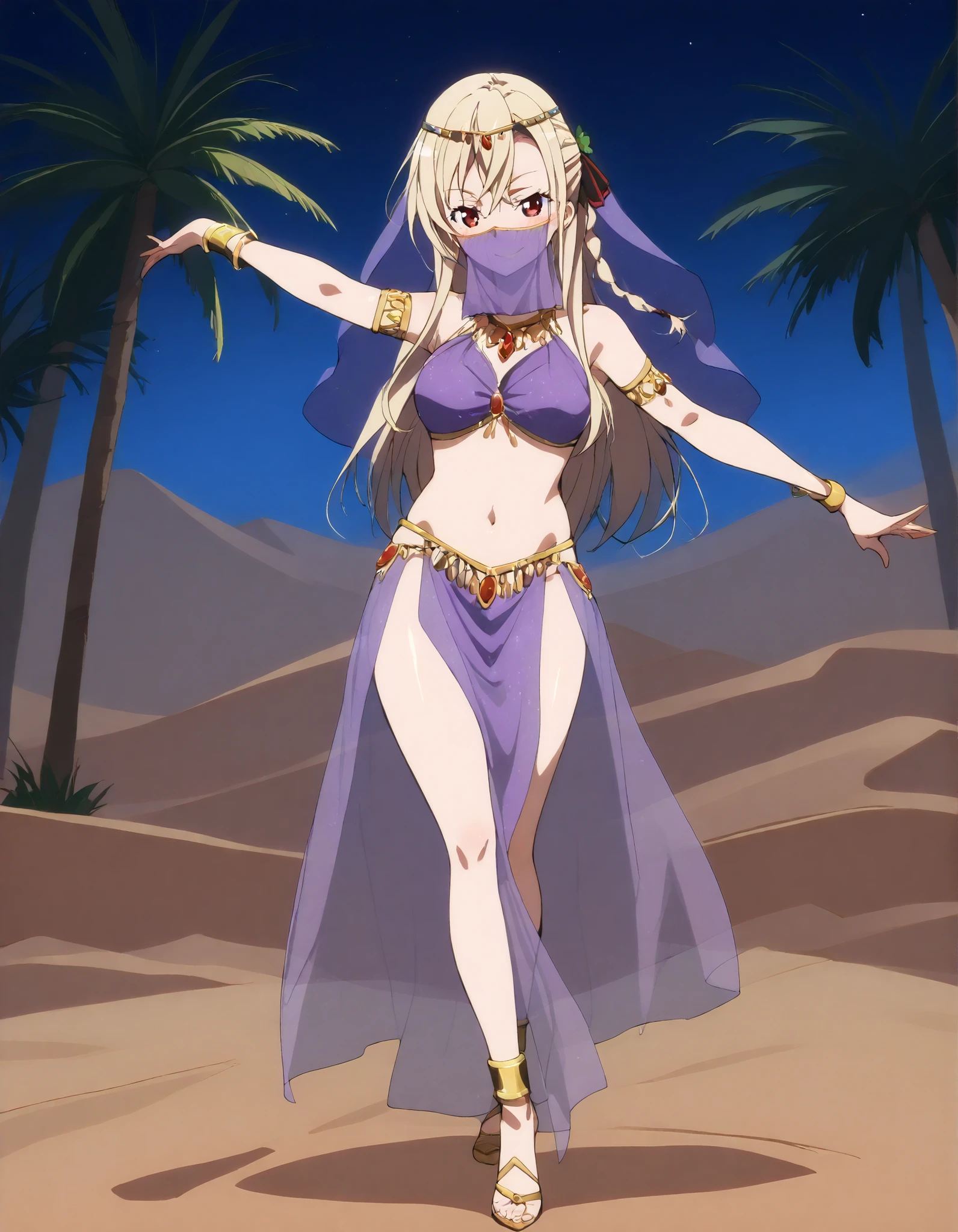 (1girl:1 . 5) , (Seul:1 . 5) , score_9 , score_8_haut , score_7_haut , source_anime , Official work  , ultra-detailed , masterpiece , better quality , high resolution , beaux yeux , detailed eyes , Detailed face , beautiful detailed eyes ,HighSchool Fleet,Wilhelmina Braunschweig Ingenohl Friedeburg,Arabian Clothes , Arabian Dancer ,belly dancer costume,belly dancer outfit ,full body,golden jewelery,mouth veil,armlet, belly dancing,night,desert lands,palm tree,seductive smile, dancing with veil, dynamic movement,dance posture,  pose