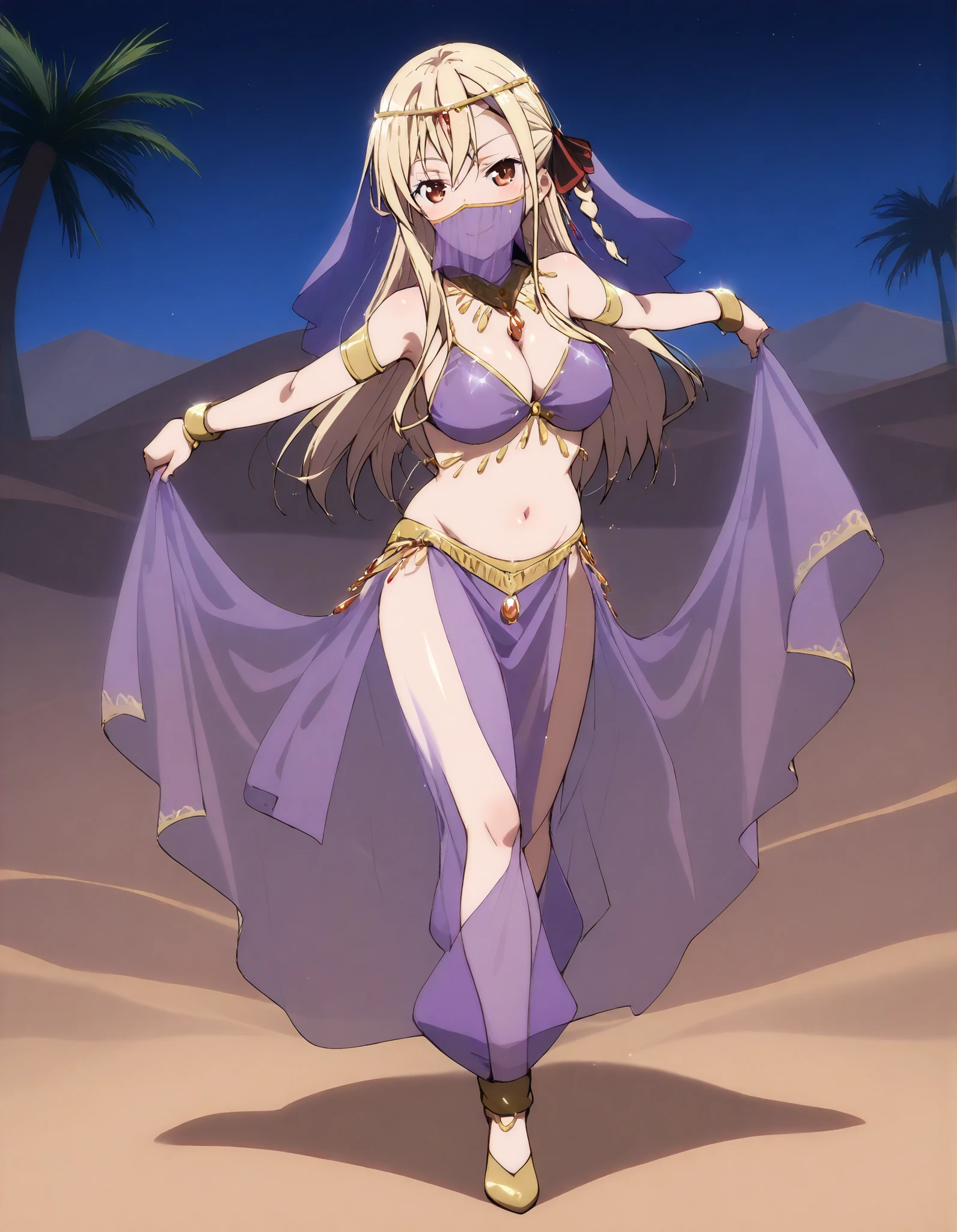 (1girl:1 . 5) , (Seul:1 . 5) , score_9 , score_8_haut , score_7_haut , source_anime , Official work , ultra-detailed , masterpiece , better quality , high resolution , beaux yeux , detailed eyes , Detailed face , beautiful detailed eyes ,HighSchool Fleet,Wilhelmina Braunschweig Ingenohl Friedeburg,Arabian Clothes , Arabian Dancer ,belly dancer costume,belly dancer outfit ,full body,golden jewelery,mouth veil,armlet, belly dancing,night,desert lands,palm tree,seductive smile, dancing with veil, dynamic movement,dance posture, pose