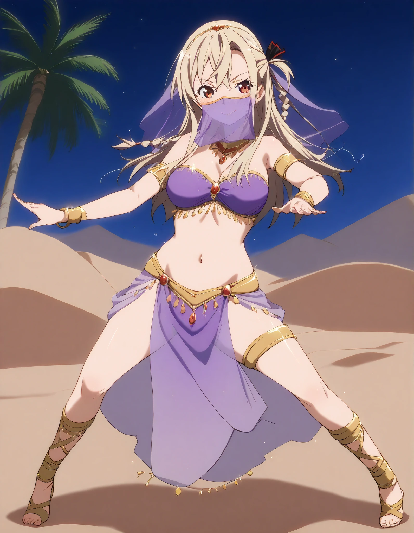 (1girl:1 . 5) , (Seul:1 . 5) , score_9 , score_8_haut , score_7_haut , source_anime , Official work , ultra-detailed , masterpiece , better quality , high resolution , beaux yeux , detailed eyes , Detailed face , beautiful detailed eyes ,HighSchool Fleet,Wilhelmina Braunschweig Ingenohl Friedeburg,Arabian Clothes , Arabian Dancer ,belly dancer costume,belly dancer outfit ,full body,golden jewelery,mouth veil,armlet, belly dancing,night,desert lands,palm tree,seductive smile, dancing with veil, dynamic movement,dance posture, pose