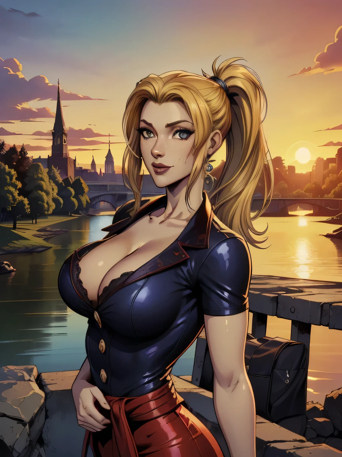 ( linhas absurdas, high definition, ultra fino,  be careful with your hand ) Close-up of a thin woman,  busty and athletic  (Scarlett Final Fantasy), 25 anos, 16k (( high definition )), sorriso lindo, olhar sedutor (( looking at the viewer )), olhos verdes, wearing a red latex t-shirt (( V-neck with buttons and short sleeves )), cintura fina, cinto preto, red latex skirt, arms on the sides of her body, pele branca, (( long yellow hair, with ponytail and fringes  )), She is alone on a bridge over a river (( upper body, From waist to head, side view 3.4 )), with freckles on the neck and breasts, (( seios grandes, redondos e suados 3.4 )), (( Well defined collarbone )). estilo cartoon (( QG )), Urban scenery with sunset in the background.