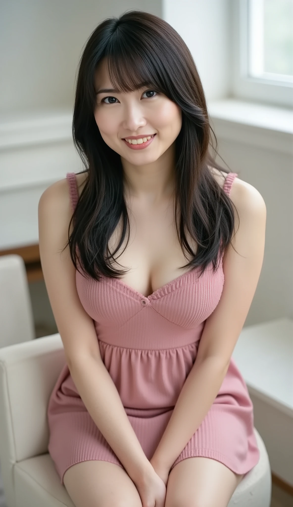 live-action、shot with a Canon EOS R5, 50mm lens, f/2.8 apertur、(masterpiece,best quality:1.4)、Highest Quality、ultra high res、8K、bright room、chair in the building on the edge、Emphasize the cleavage,(leaning forward:1.3), (hands on knees:1.3)、front view、Full body photo、sitting in a chair、Basic bra、pleated trim、rose print、(poses that accentuate cleavage:1.5)、Smile Yan、black haired 、straight semi-long、shiny hair、have bangs、(slender style:1.3)、(huge breasts:1.5)、a different color bra every time I take a picture、zettai ryouiki、tight skirt、midi skirt、pulling down strap, strap slip、strap gap、Seductively Posing