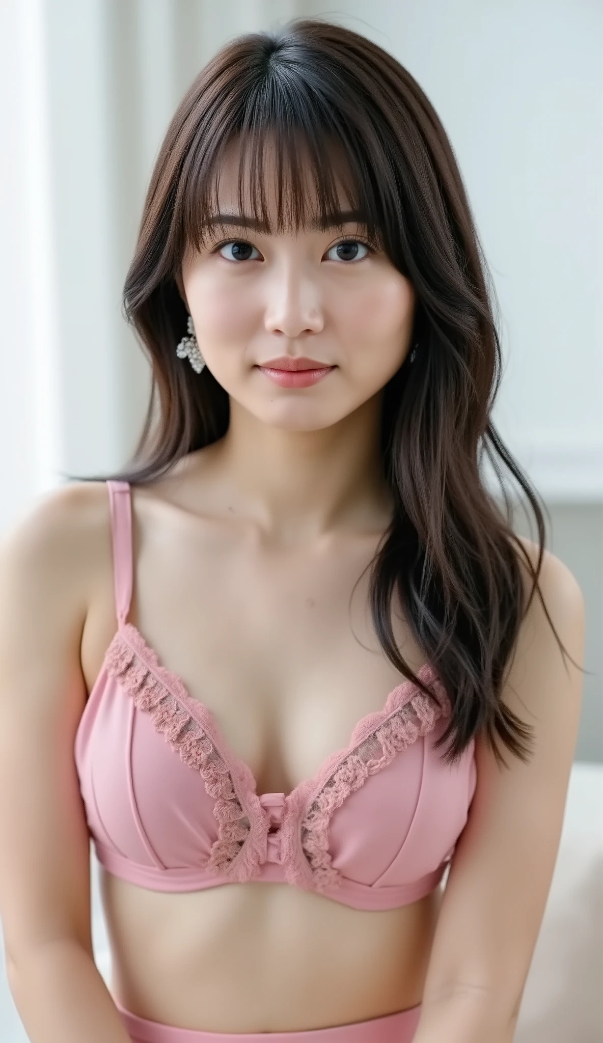 live-action、shot with a Canon EOS R5, 50mm lens, f/2.8 apertur、(masterpiece,best quality:1.4)、Highest Quality、ultra high res、8K、bright room、chair in the building on the edge、Emphasize the cleavage,(leaning forward:1.3), (hands on knees:1.3)、front view、Full body photo、sitting in a chair、Basic bra、pleated trim、rose print、(poses that accentuate cleavage:1.5)、Smile Yan、black haired 、straight semi-long、shiny hair、have bangs、(slender style:1.3)、(huge breasts:1.5)、a different color bra every time I take a picture、zettai ryouiki、tight skirt、midi skirt、pulling down strap, strap slip、strap gap、Seductively Posing