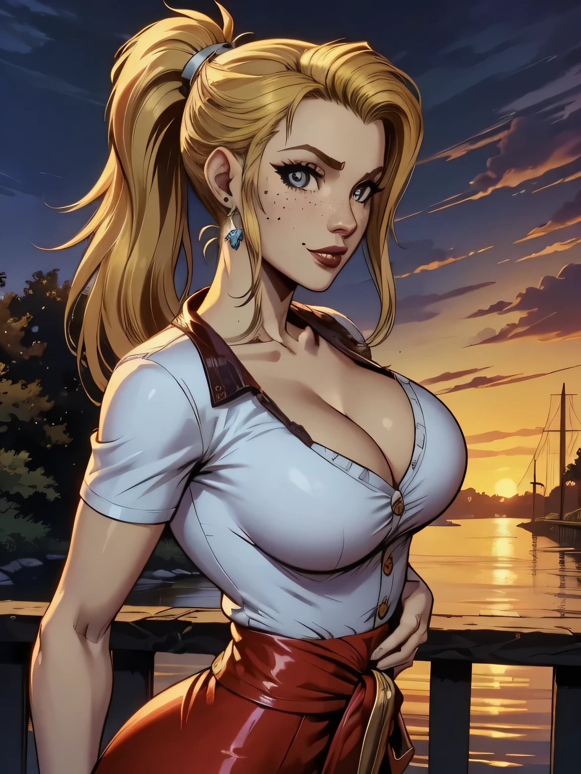 ( linhas absurdas, high definition, ultra fino,  be careful with your hand ) Close-up of a thin woman,  busty and athletic  (Scarlett Final Fantasy), 25 anos, 16k (( high definition )), sorriso lindo, olhar sedutor (( looking at the viewer )), olhos verdes, wearing a red latex t-shirt (( V-neck with buttons and short sleeves )), cintura fina, cinto preto, red latex skirt, hands on the waist, pele branca, (( long yellow hair, with ponytail and fringes  )), She is alone on a bridge over a river (( upper body, From waist to head, side view 3.4 )), with freckles on the neck and breasts, (( seios grandes, redondos e suados 3.4 )), (( Well defined collarbone )). estilo cartoon (( QG )), Urban scenery with sunset in the background.