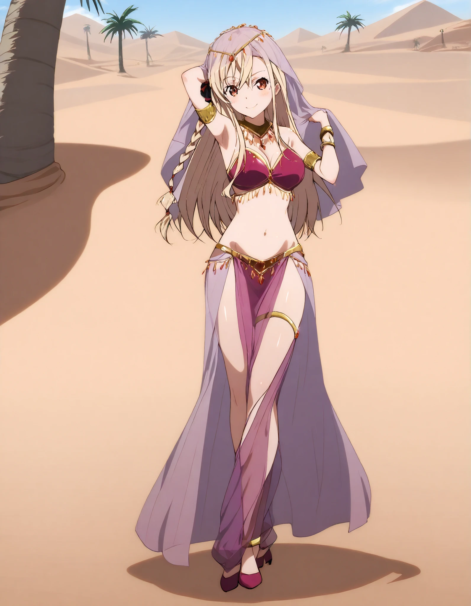 (1girl:1 . 5) , (Seul:1 . 5) , score_9 , score_8_haut , score_7_haut , source_anime , Official work , ultra-detailed , masterpiece , better quality , high resolution , beaux yeux , detailed eyes , Detailed face , beautiful detailed eyes ,HighSchool Fleet,Wilhelmina Braunschweig Ingenohl Friedeburg,Arabian Clothes , Arabian Dancer ,belly dancer costume,belly dancer outfit ,full body,golden jewelery,armlet, belly dancing,desert lands,palm tree,seductive smile, dancing with veil, dynamic movement,dance posture, pose