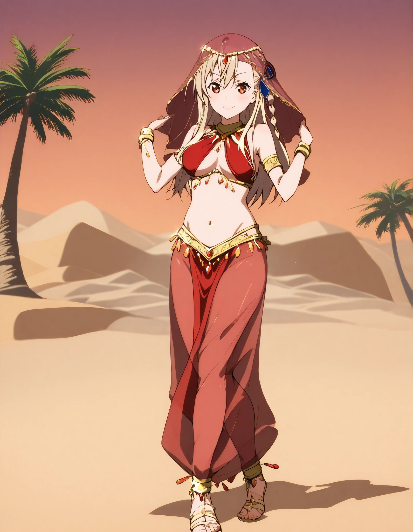 (1girl:1 . 5) , (Seul:1 . 5) , score_9 , score_8_haut , score_7_haut , source_anime , Official work  , ultra-detailed , masterpiece , better quality , high resolution , beaux yeux , detailed eyes , Detailed face , beautiful detailed eyes ,HighSchool Fleet,Wilhelmina Braunschweig Ingenohl Friedeburg,Arabian Clothes , Arabian Dancer ,belly dancer costume,belly dancer outfit ,full body,golden jewelery,armlet, belly dancing,desert lands,palm tree,seductive smile, dancing with veil, dynamic movement,dance posture,  pose