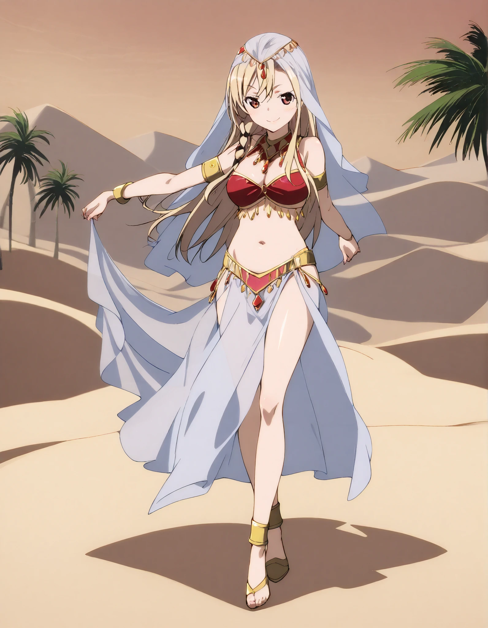 (1girl:1 . 5) , (Seul:1 . 5) , score_9 , score_8_haut , score_7_haut , source_anime , Official work , ultra-detailed , masterpiece , better quality , high resolution , beaux yeux , detailed eyes , Detailed face , beautiful detailed eyes ,HighSchool Fleet,Wilhelmina Braunschweig Ingenohl Friedeburg,Arabian Clothes , Arabian Dancer ,belly dancer costume,belly dancer outfit ,full body,golden jewelery,armlet, belly dancing,desert lands,palm tree,seductive smile, dancing with veil, dynamic movement,dance posture, pose