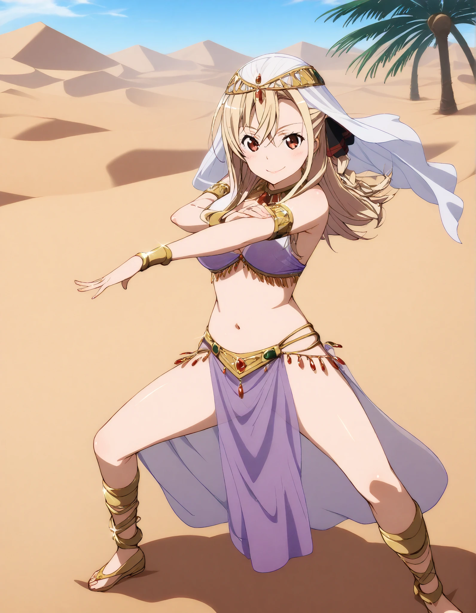 (1girl:1 . 5) , (Seul:1 . 5) , score_9 , score_8_haut , score_7_haut , source_anime , Official work , ultra-detailed , masterpiece , better quality , high resolution , beaux yeux , detailed eyes , Detailed face , beautiful detailed eyes ,HighSchool Fleet,Wilhelmina Braunschweig Ingenohl Friedeburg,Arabian Clothes , Arabian Dancer ,belly dancer costume,belly dancer outfit ,full body,golden jewelery,armlet, belly dancing,desert lands,palm tree,seductive smile, dancing with veil, dynamic movement,dance posture, pose