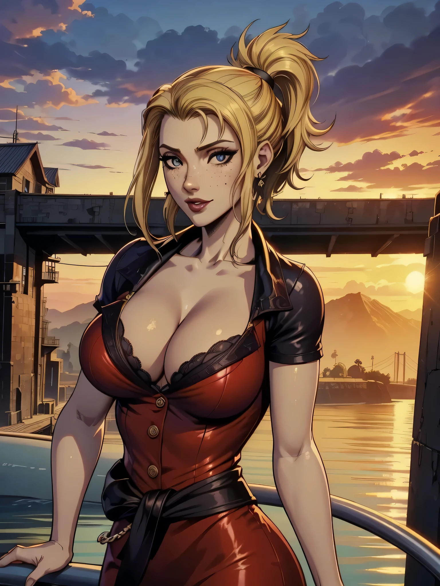 ( linhas absurdas, high definition, ultra fino,  be careful with your hand ) Close-up of a thin woman,  busty and athletic  (Scarlett Final Fantasy), 25 anos, 16k (( high definition )), sorriso lindo, olhar sedutor (( looking at the viewer )), olhos verdes, wearing a red latex t-shirt (( V-neck with buttons and short sleeves )), cintura fina, cinto preto, red latex skirt, arms on the sides of her body, pele branca, (( long yellow hair, with ponytail and fringes  )), She is alone on a bridge over a river (( upper body, From waist to head, side view 3.4 )), with freckles on the neck and breasts, (( seios grandes, redondos e suados 3.4 )), (( Well defined collarbone )). estilo cartoon (( QG )), Urban scenery with sunset in the background.