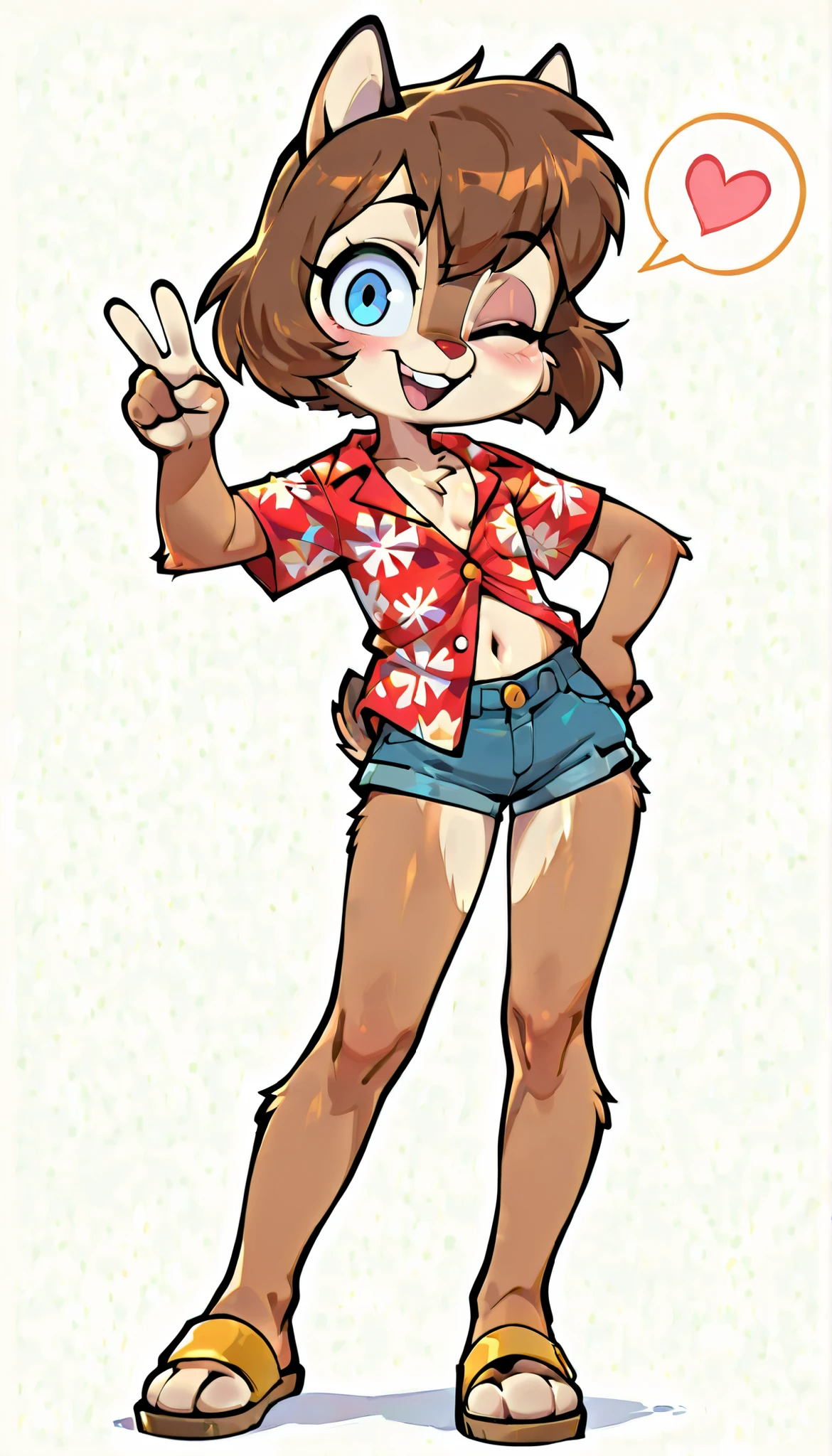 score_9, score_8_up, score_7_up, score_6_up,, hi_res, furry_source, absurdres, masterpiece, best quality, amazing quality, Chip'n Dale Rescue Rangers, 1girl, solo, alone, Femdale, furry, anthro, chipmunk girl, brown fur, blue eyes, chipmunk tail, red nose, brown hair, short hair, bangs, short body, short stature, ((red hawaiian shirt, claveage, one button fastened, denim shorts, sandals)), small breasts, navel, (very skinny:1.0), (Small, Short:1.1), (young cub:1.2), full body, feets with three toes, spread buckteeth, white background, simple background, adorable pose, standing, spoken heart, smile, open mouth, wink, one eye closed, idol stare, v,