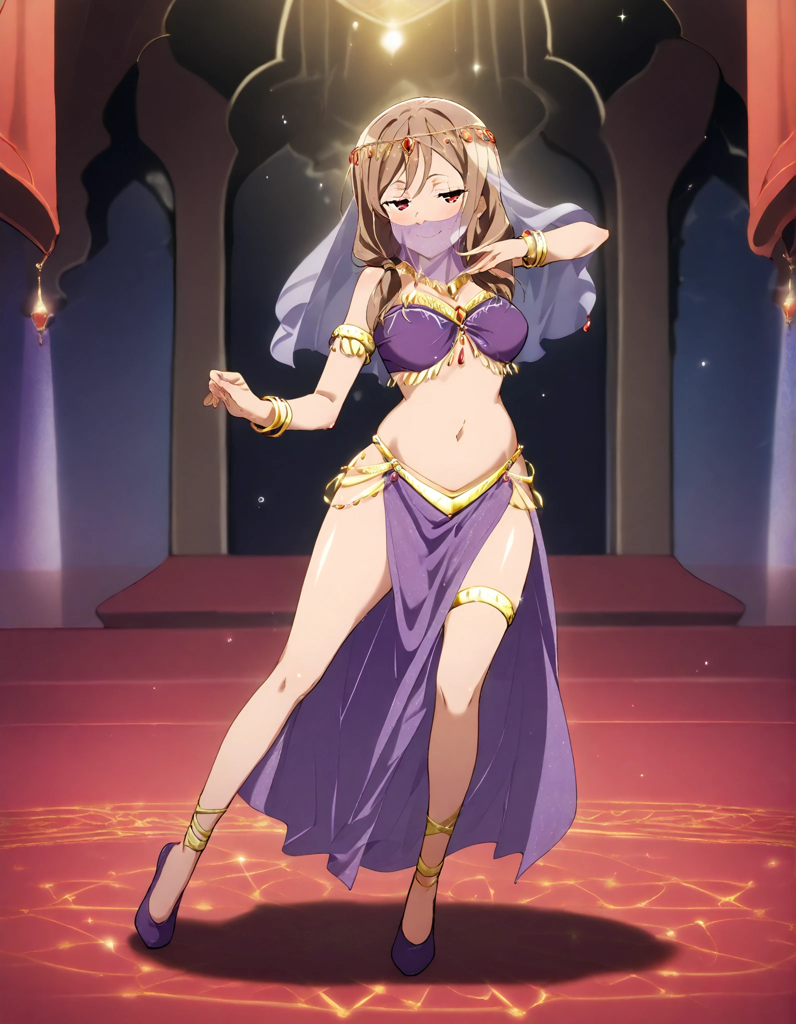 (1girl:1 . 5) , (Seul:1 . 5) , score_9 , score_8_haut , score_7_haut , source_anime , Official work , ultra-detailed , masterpiece , better quality , high resolution , beaux yeux , detailed eyes , Detailed face , beautiful detailed eyes ,HighSchool Fleet,China Moeka,Arabian Clothes , Arabian Dancer ,belly dancer costume,belly dancer outfit ,full body,golden jewelery,mouth veil,armlet, belly dancing,arabian theater,seductive smile, dancing with veil, dynamic movement,dance posture, seductive pose