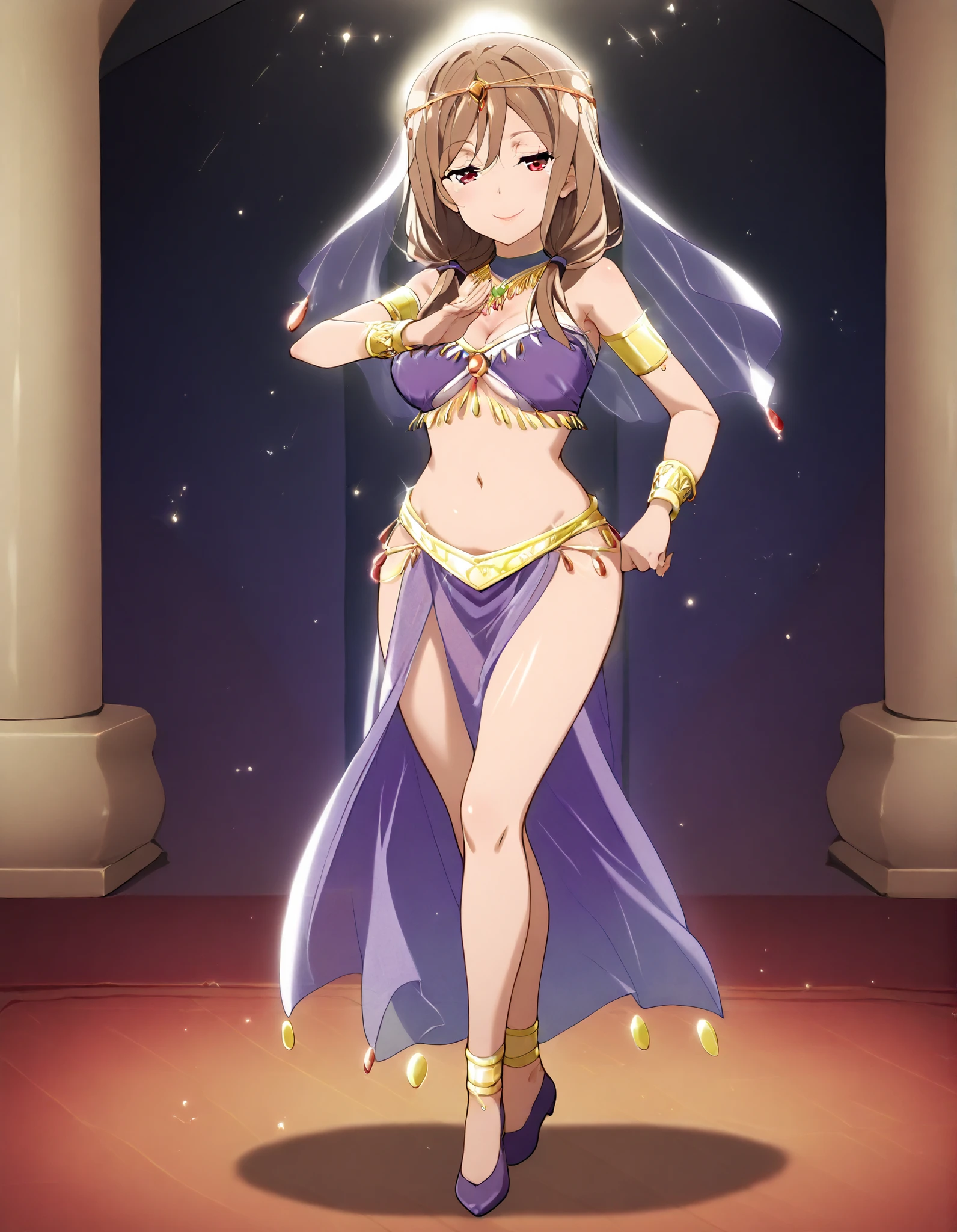 (1girl:1 . 5) , (Seul:1 . 5) , score_9 , score_8_haut , score_7_haut , source_anime , Official work , ultra-detailed , masterpiece , better quality , high resolution , beaux yeux , detailed eyes , Detailed face , beautiful detailed eyes ,HighSchool Fleet,China Moeka,Arabian Clothes , Arabian Dancer ,belly dancer costume,belly dancer outfit ,full body,golden jewelery,armlet, belly dancing,arabian theater,seductive smile, dancing with veil, dynamic movement,dance posture, seductive pose