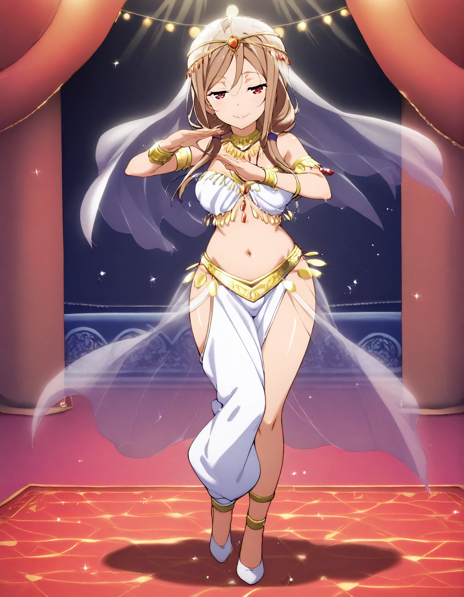 (1girl:1 . 5) , (Seul:1 . 5) , score_9 , score_8_haut , score_7_haut , source_anime , Official work  , ultra-detailed , masterpiece , better quality , high resolution , beaux yeux , detailed eyes , Detailed face , beautiful detailed eyes ,HighSchool Fleet,China Moeka,Arabian Clothes , Arabian Dancer ,belly dancer costume,belly dancer outfit ,full body,golden jewelery,armlet, belly dancing,arabian theater,seductive smile, dancing with veil, dynamic movement,dance posture,  pose