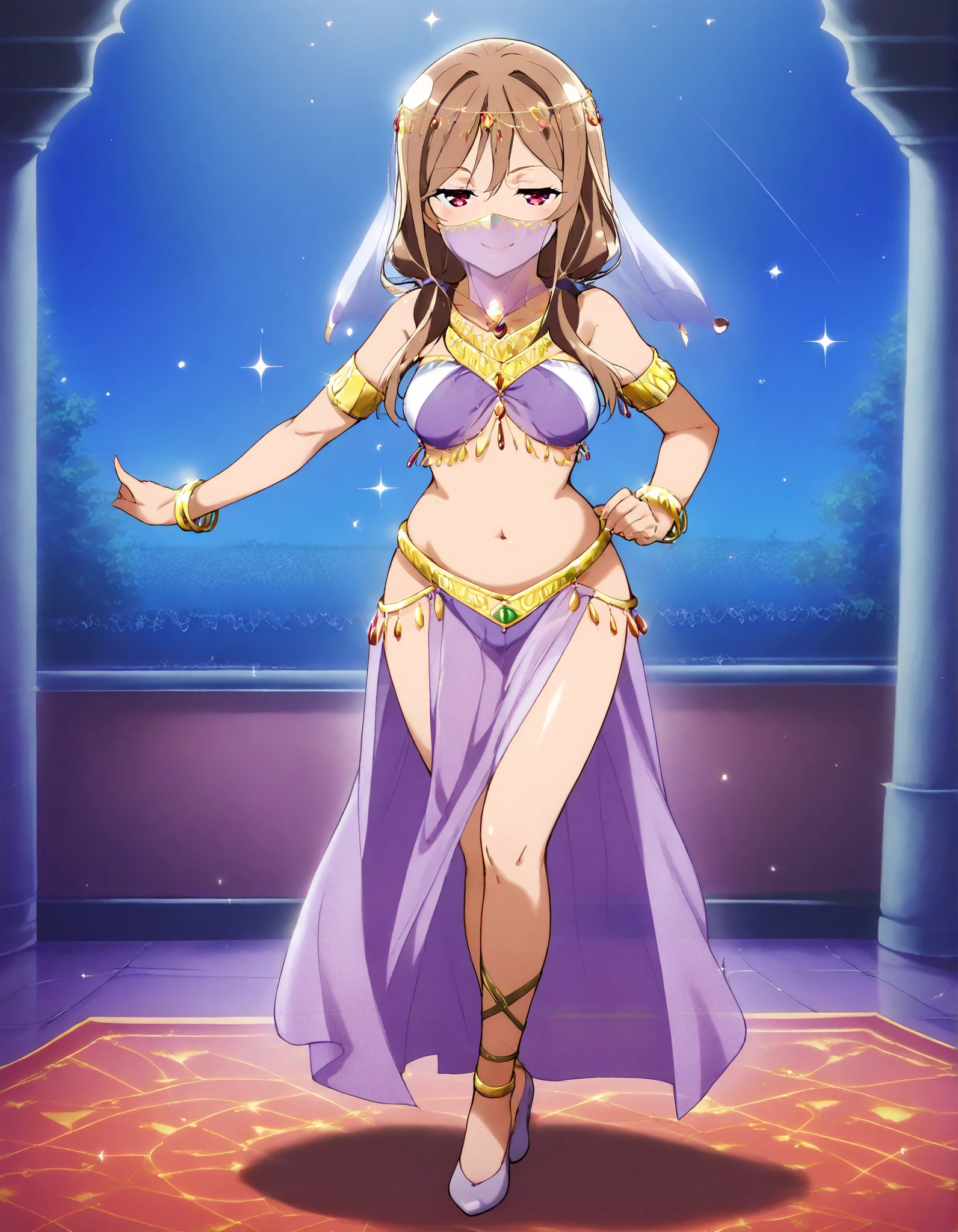 (1girl:1 . 5) , (Seul:1 . 5) , score_9 , score_8_haut , score_7_haut , source_anime , Official work , ultra-detailed , masterpiece , better quality , high resolution , beaux yeux , detailed eyes , Detailed face , beautiful detailed eyes ,HighSchool Fleet,China Moeka,Arabian Clothes , Arabian Dancer ,belly dancer costume,belly dancer outfit ,full body,golden jewelery,mouth veil,armlet, belly dancing,night,arabian garden,seductive smile, dancing with veil, dynamic movement,dance posture, pose