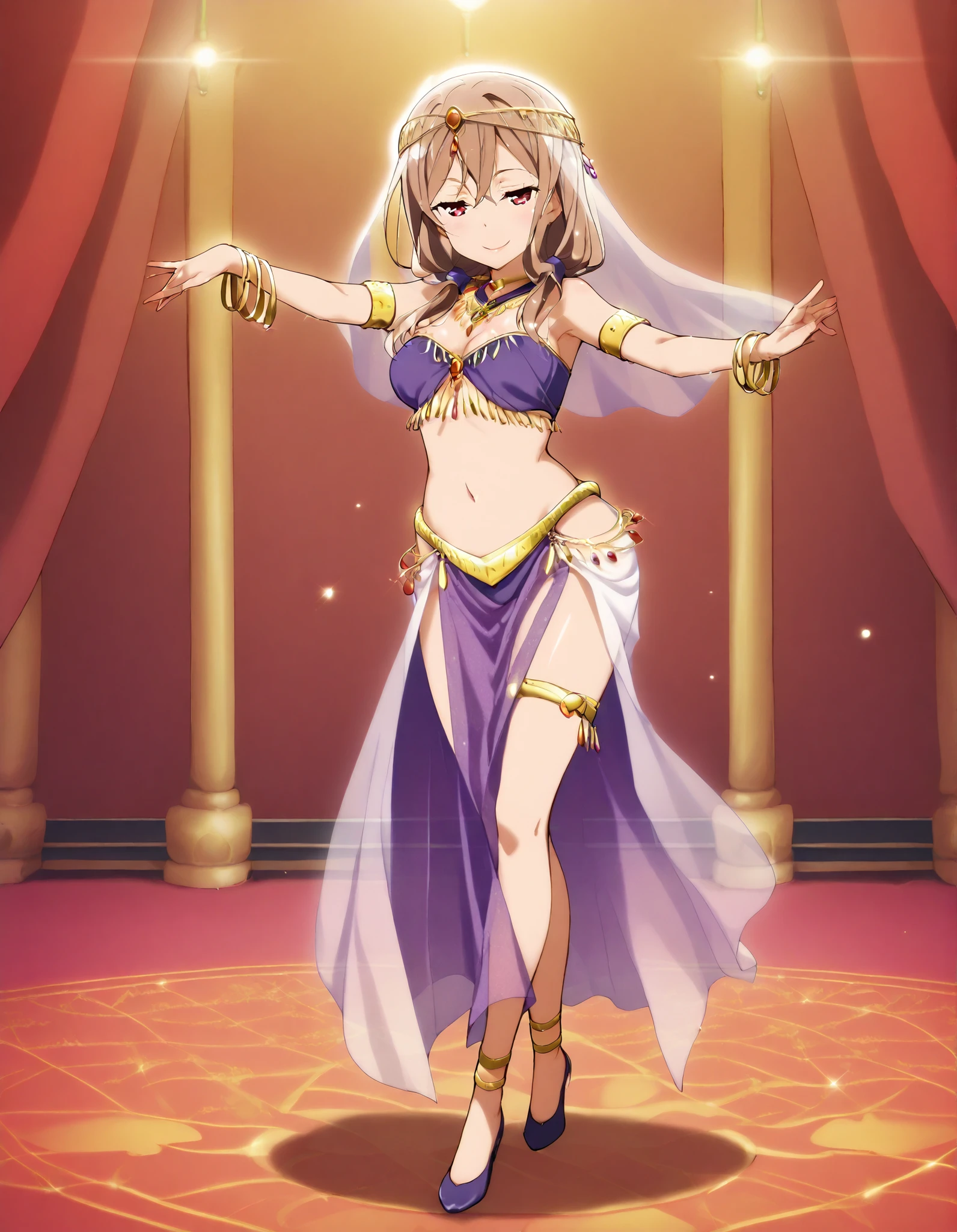 (1girl:1 . 5) , (Seul:1 . 5) , score_9 , score_8_haut , score_7_haut , source_anime , Official work , ultra-detailed , masterpiece , better quality , high resolution , beaux yeux , detailed eyes , Detailed face , beautiful detailed eyes ,HighSchool Fleet,China Moeka,Arabian Clothes , Arabian Dancer ,belly dancer costume,belly dancer outfit ,full body,golden jewelery,armlet, belly dancing,arabian garden,seductive smile, dancing with veil, dynamic movement,dance posture, seductive pose