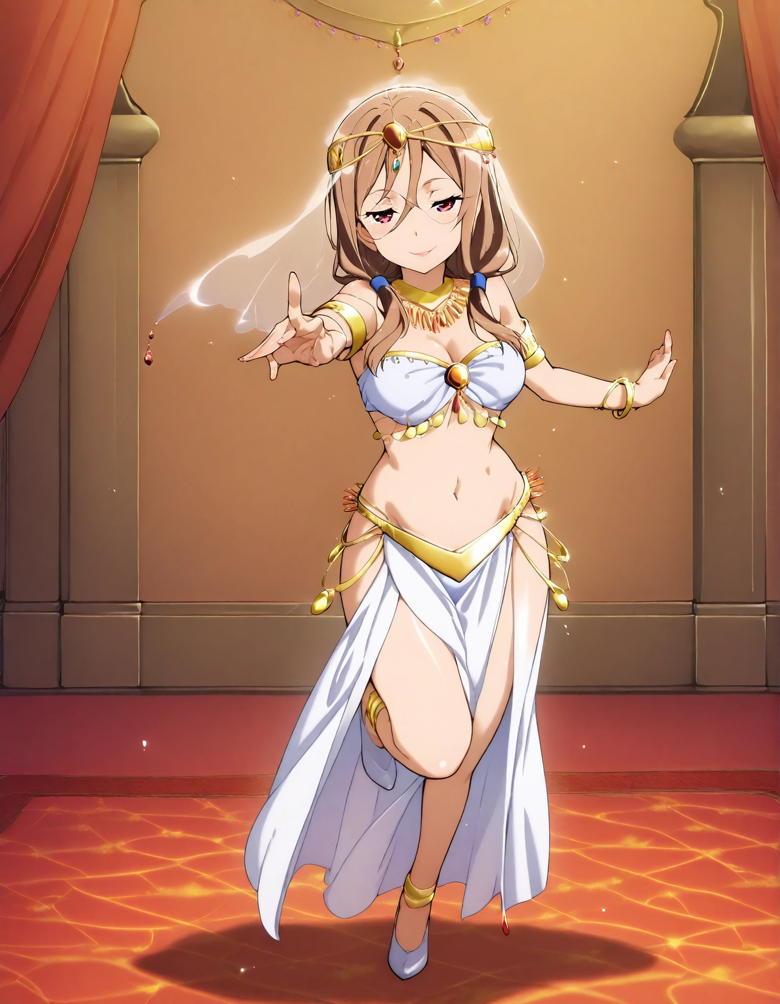 (1girl:1 . 5) , (Seul:1 . 5) , score_9 , score_8_haut , score_7_haut , source_anime , Official work  , ultra-detailed , masterpiece , better quality , high resolution , beaux yeux , detailed eyes , Detailed face , beautiful detailed eyes ,HighSchool Fleet,China Moeka,Arabian Clothes , Arabian Dancer ,belly dancer costume,belly dancer outfit ,full body,golden jewelery,armlet, belly dancing,arabian garden,seductive smile, dancing with veil, dynamic movement,dance posture, seductive pose