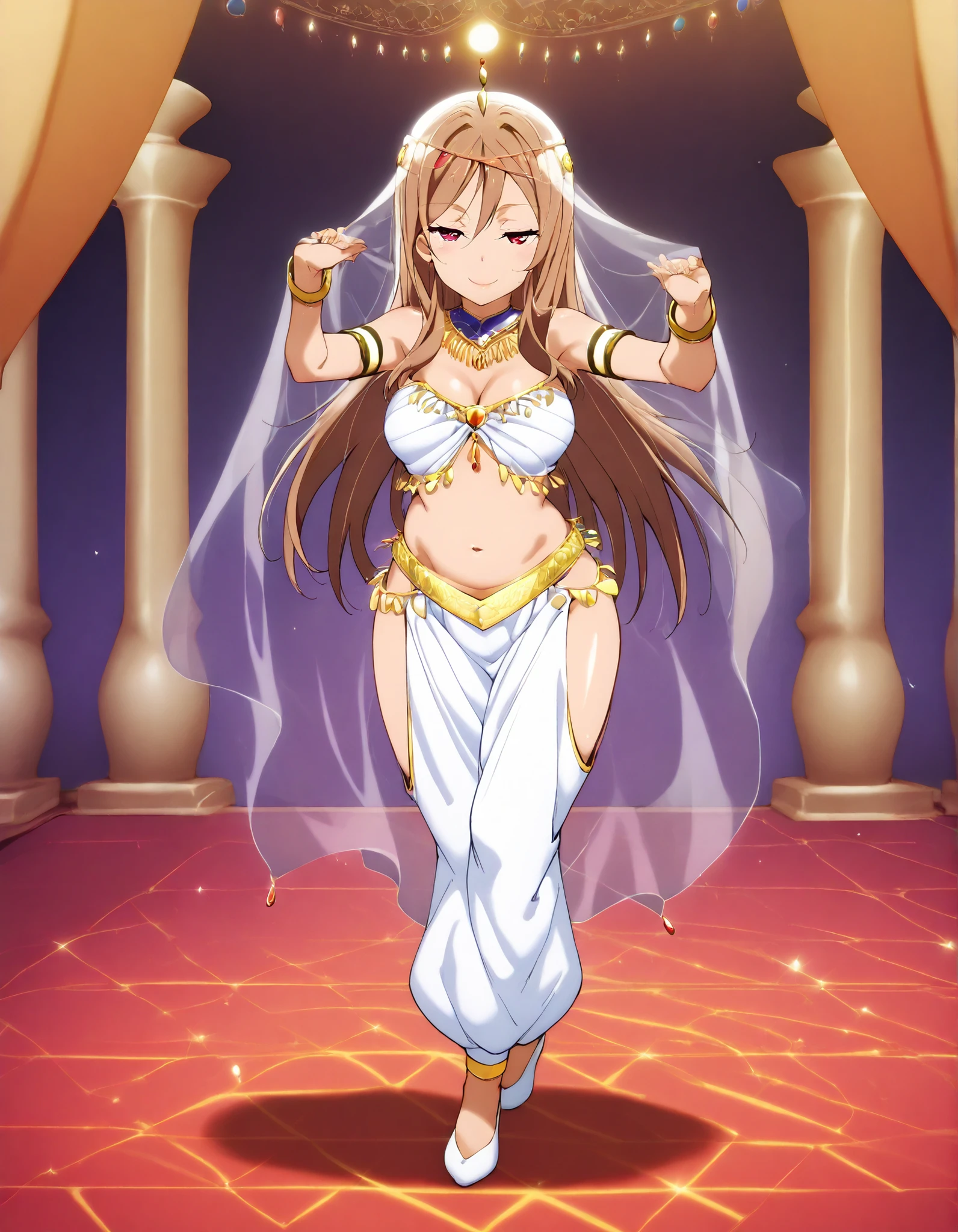 (1girl:1 . 5) , (Seul:1 . 5) , score_9 , score_8_haut , score_7_haut , source_anime , Official work  , ultra-detailed , masterpiece , better quality , high resolution , beaux yeux , detailed eyes , Detailed face , beautiful detailed eyes ,HighSchool Fleet,China Moeka,Arabian Clothes , Arabian Dancer ,belly dancer costume,belly dancer outfit ,full body,golden jewelery,armlet, belly dancing,arabian garden,seductive smile, dancing with veil, dynamic movement,dance posture, seductive pose