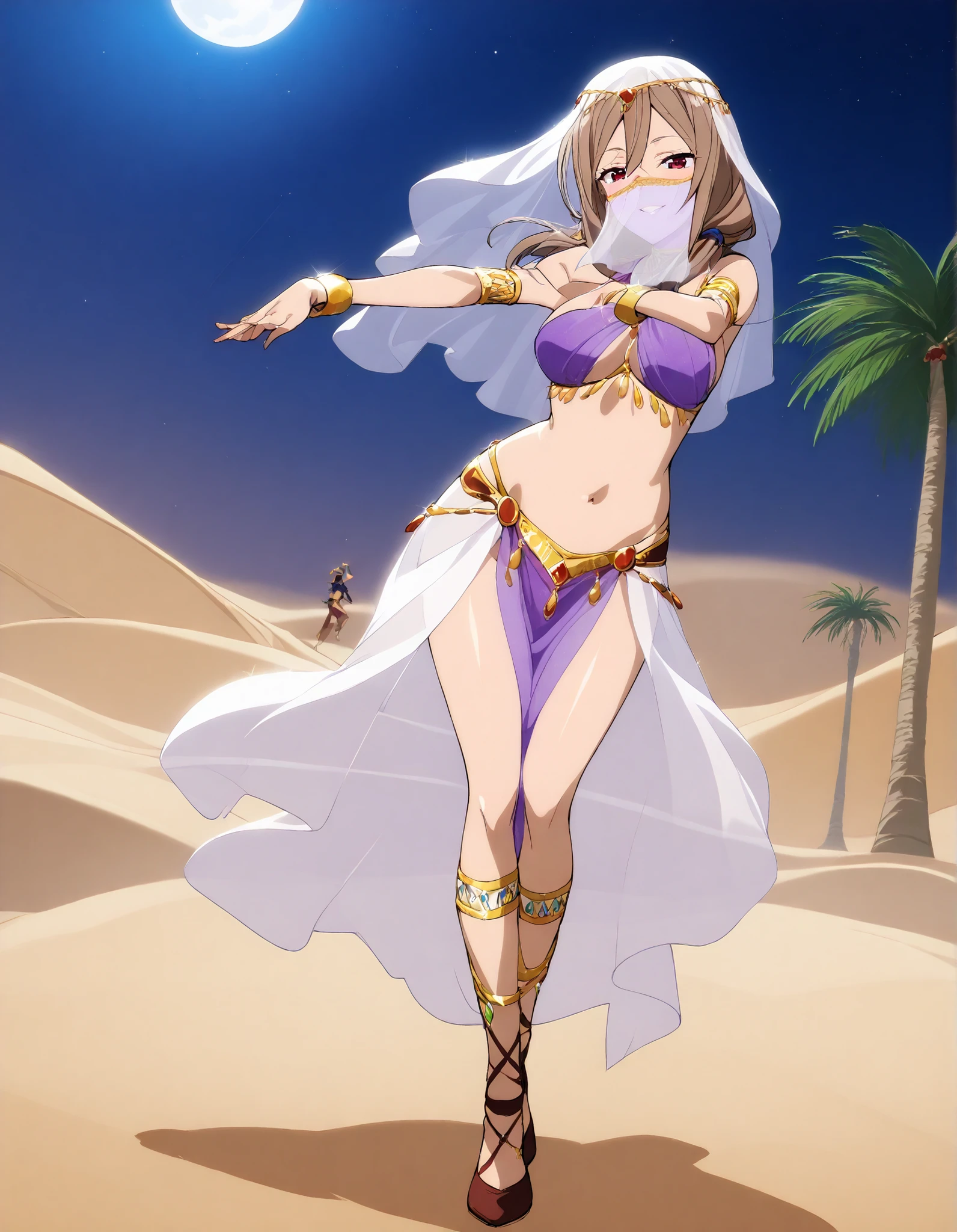 (1girl:1 . 5) , (Seul:1 . 5) , score_9 , score_8_haut , score_7_haut , source_anime , Official work , ultra-detailed , masterpiece , better quality , high resolution , beaux yeux , detailed eyes , Detailed face , beautiful detailed eyes ,HighSchool Fleet,China Moeka,Arabian Clothes , Arabian Dancer ,belly dancer costume,belly dancer outfit ,full body,golden jewelery,mouth veil,armlet, belly dancing,night,desert lands,palm tree,seductive smile, dancing with veil, dynamic movement,dance posture, pose