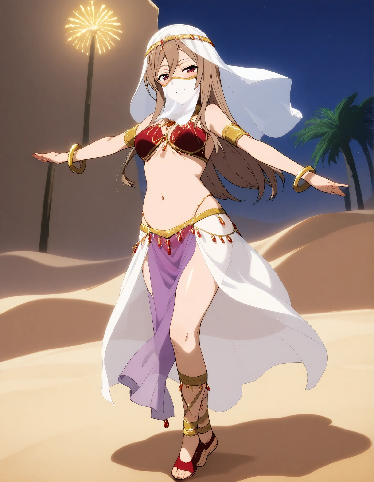 (1girl:1 . 5) , (Seul:1 . 5) , score_9 , score_8_haut , score_7_haut , source_anime , Official work  , ultra-detailed , masterpiece , better quality , high resolution , beaux yeux , detailed eyes , Detailed face , beautiful detailed eyes ,HighSchool Fleet,China Moeka,Arabian Clothes , Arabian Dancer ,belly dancer costume,belly dancer outfit ,full body,golden jewelery,mouth veil,armlet, belly dancing,night,desert lands,palm tree,seductive smile, dancing with veil, dynamic movement,dance posture,  pose