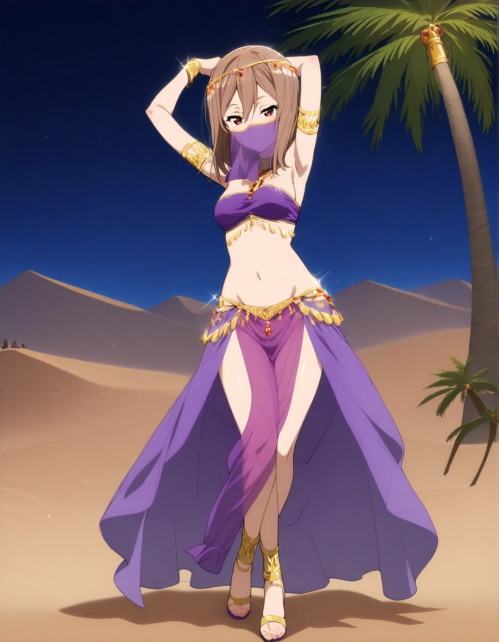 (1girl:1 . 5) , (Seul:1 . 5) , score_9 , score_8_haut , score_7_haut , source_anime , Official work , ultra-detailed , masterpiece , better quality , high resolution , beaux yeux , detailed eyes , Detailed face , beautiful detailed eyes ,HighSchool Fleet,China Moeka,Arabian Clothes , Arabian Dancer ,belly dancer costume,belly dancer outfit ,full body,golden jewelery,mouth veil,armlet, belly dancing,night,desert lands,palm tree,seductive smile, dancing with veil, dynamic movement,dance posture, pose