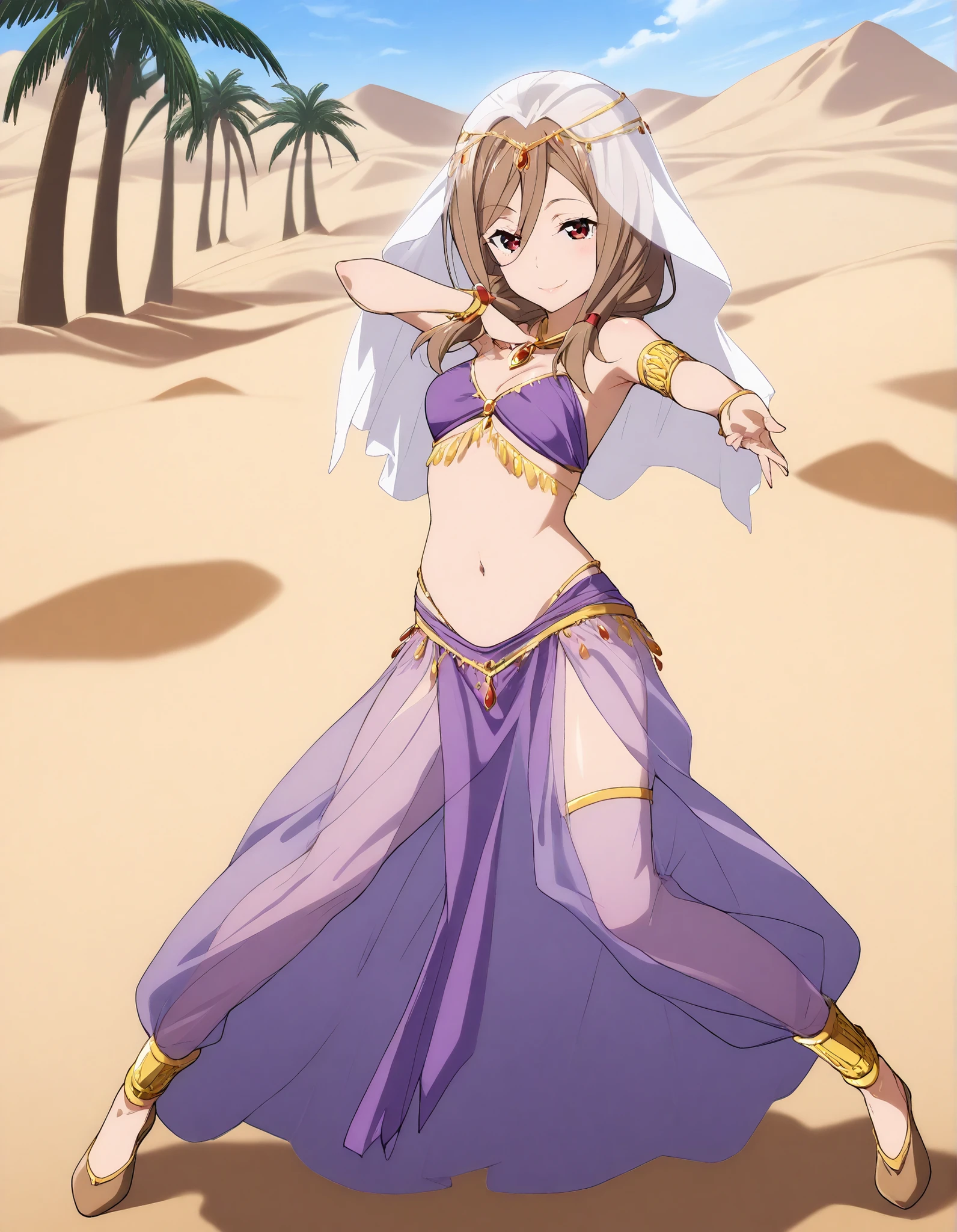 (1girl:1 . 5) , (Seul:1 . 5) , score_9 , score_8_haut , score_7_haut , source_anime , Official work , ultra-detailed , masterpiece , better quality , high resolution , beaux yeux , detailed eyes , Detailed face , beautiful detailed eyes ,HighSchool Fleet,China Moeka,Arabian Clothes , Arabian Dancer ,belly dancer costume,belly dancer outfit ,full body,golden jewelery,armlet, belly dancing,desert lands,palm tree,seductive smile, dancing with veil, dynamic movement,dance posture, pose