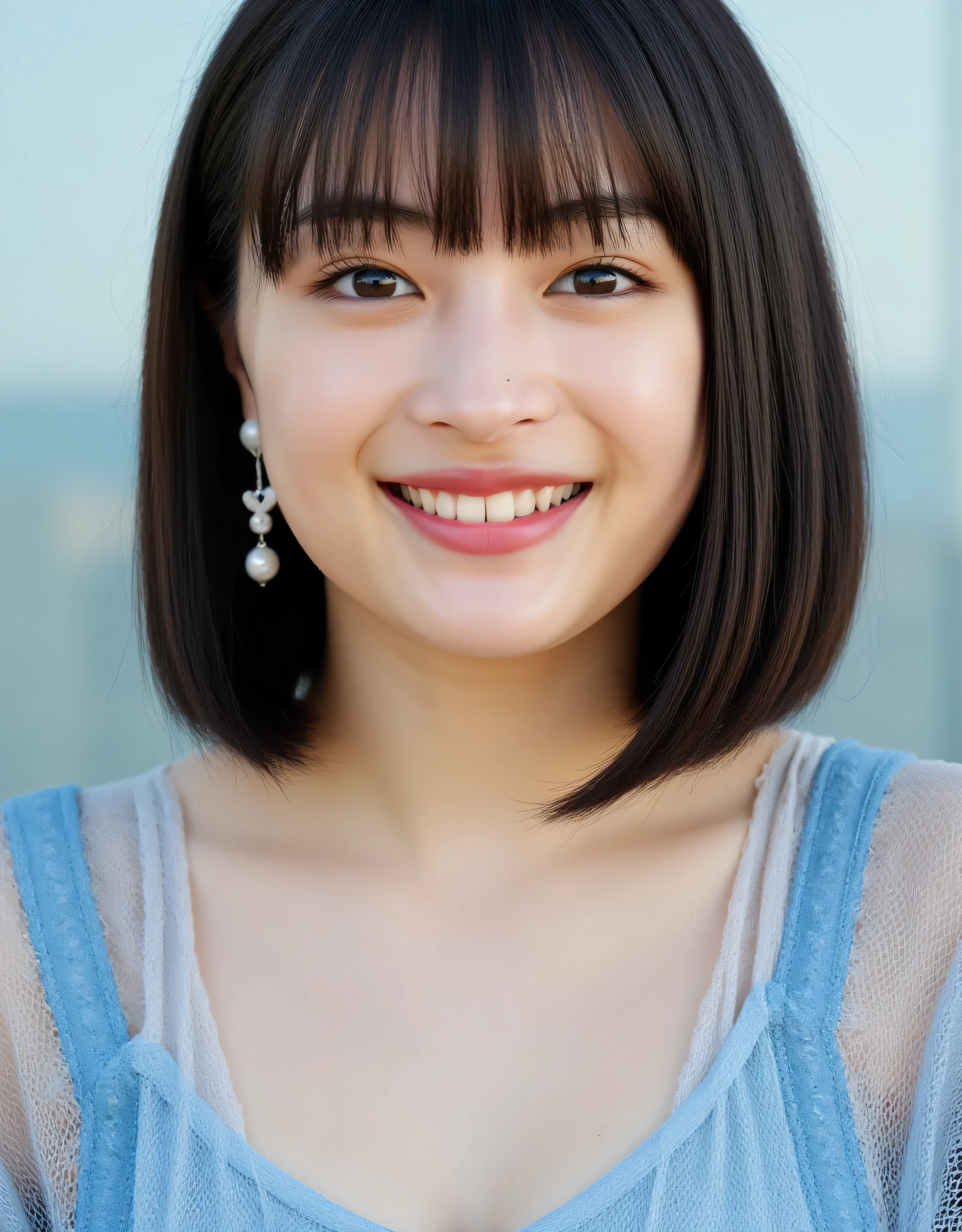 Facial close-up, a sharp focus 35mm photo of a young Asian woman named Suzu. She has a fair complexion and straight, shoulder-length hair with bangs framing her face. Her facial features are delicate, with a small nose, full lips, and large, dark eyes that have a subtle, natural makeup look. She looked at the camera with a smile on her face. She is wearing a loose, blue and sheer, silk V-neck, white fishnet top, which reveals glimpses of a light blue camisole underneath. The texture of the fishnet fabric adds a trendy, casual vibe to her outfit. She accessorizes with small, dangling earrings that have a delicate, floral design.