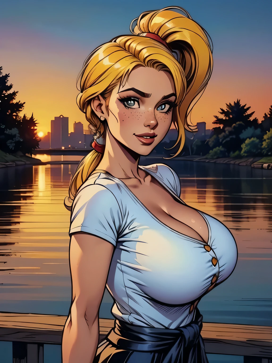 ( linhas absurdas, high definition, ultra fino, be careful with your hand ) Close-up of a thin woman, busty and athletic (Scarlett Final Fantasy), 25 anos, 16k (( high definition )), sorriso lindo, olhar sedutor (( looking at the viewer )), olhos verdes, wearing a red latex t-shirt (( V-neck with buttons and short sleeves )), cintura fina, cinto preto, red latex skirt, arms on the sides of her body, pele branca, (( long yellow hair, with ponytail and fringes )), She is alone on a bridge over a river (( upper body, From waist to head, side view 3.4 )), with freckles on the neck and breasts, (( seios grandes, redondos e suados 3.4 )), (( Well defined collarbone )). estilo cartoon (( QG )), Urban scenery with sunset in the background.