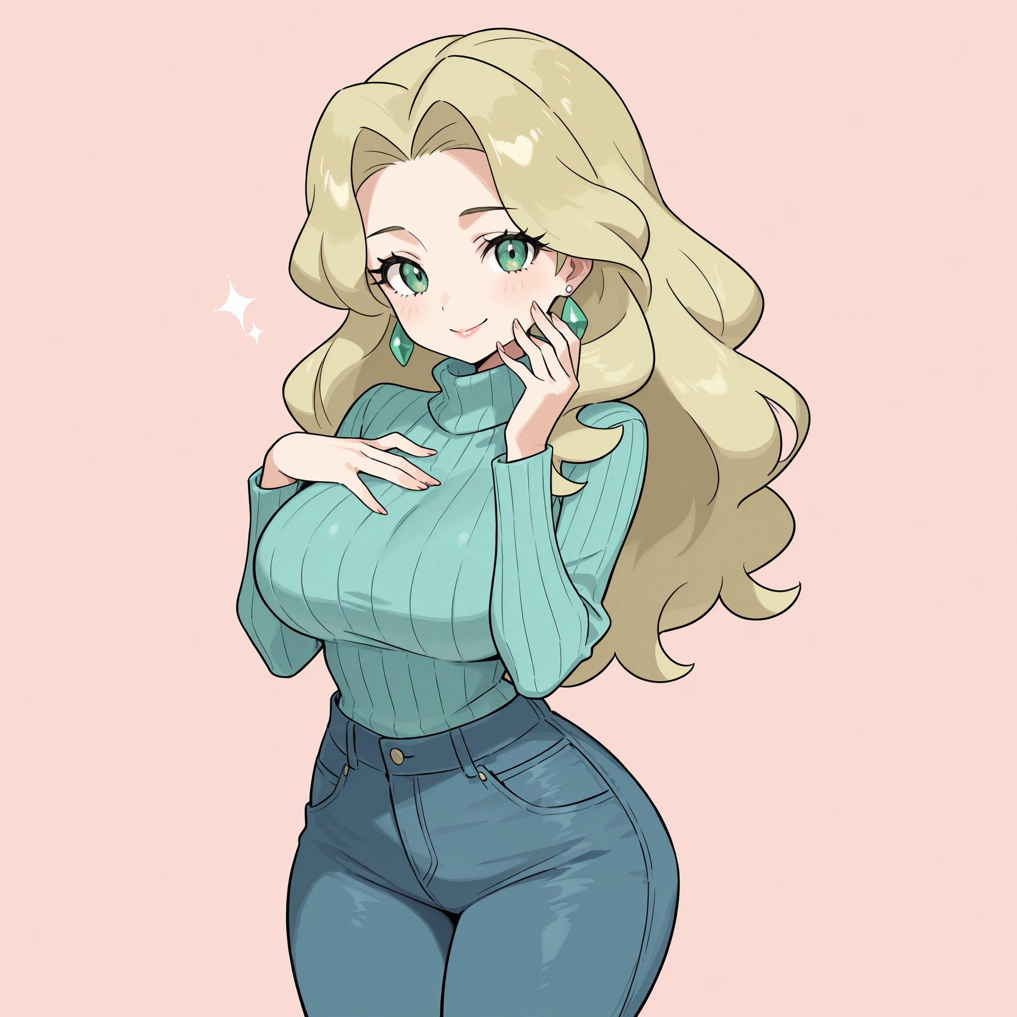 masterpiece, ultra-HD, impressionism, high detail, best quality, very aesthetic, 8K, best quality, beautiful, ultra-high resolution, 32K UHD, sugimorixd, 1woman, solo, mature woman, long wavy blonde hair, loose hair, green eyes, almond-shaped eyes, eyelashes, black eyeliner, full pink lips, huge breasts, narrow waist, wide hips, thick thighs, shapely legs, slim, turquoise ribbed turtleneck sweater, blue skinny jeans, earrings, blushed, smile, cute, hand on cheek, hand over chest, standing, looking at the viewer, simple background, front view