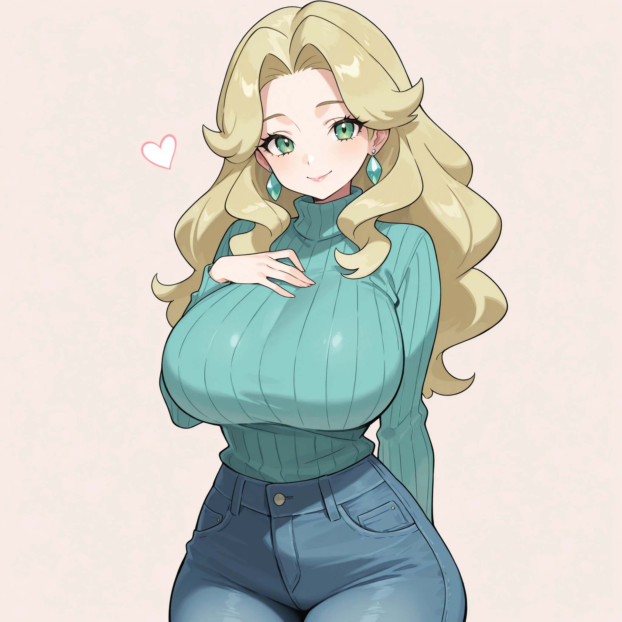 masterpiece, ultra-HD, impressionism, high detail, best quality, very aesthetic, 8K, best quality, beautiful, ultra-high resolution, 32K UHD, sugimorixd, 1woman, solo, mature woman, long wavy blonde hair, loose hair, green eyes, almond-shaped eyes, eyelashes, black eyeliner, full pink lips, huge breasts, narrow waist, wide hips, thick thighs, shapely legs, slim, turquoise ribbed turtleneck sweater, blue skinny jeans, earrings, blushed, smile, cute, hand on cheek, hand over chest, standing, looking at the viewer, simple background, front view