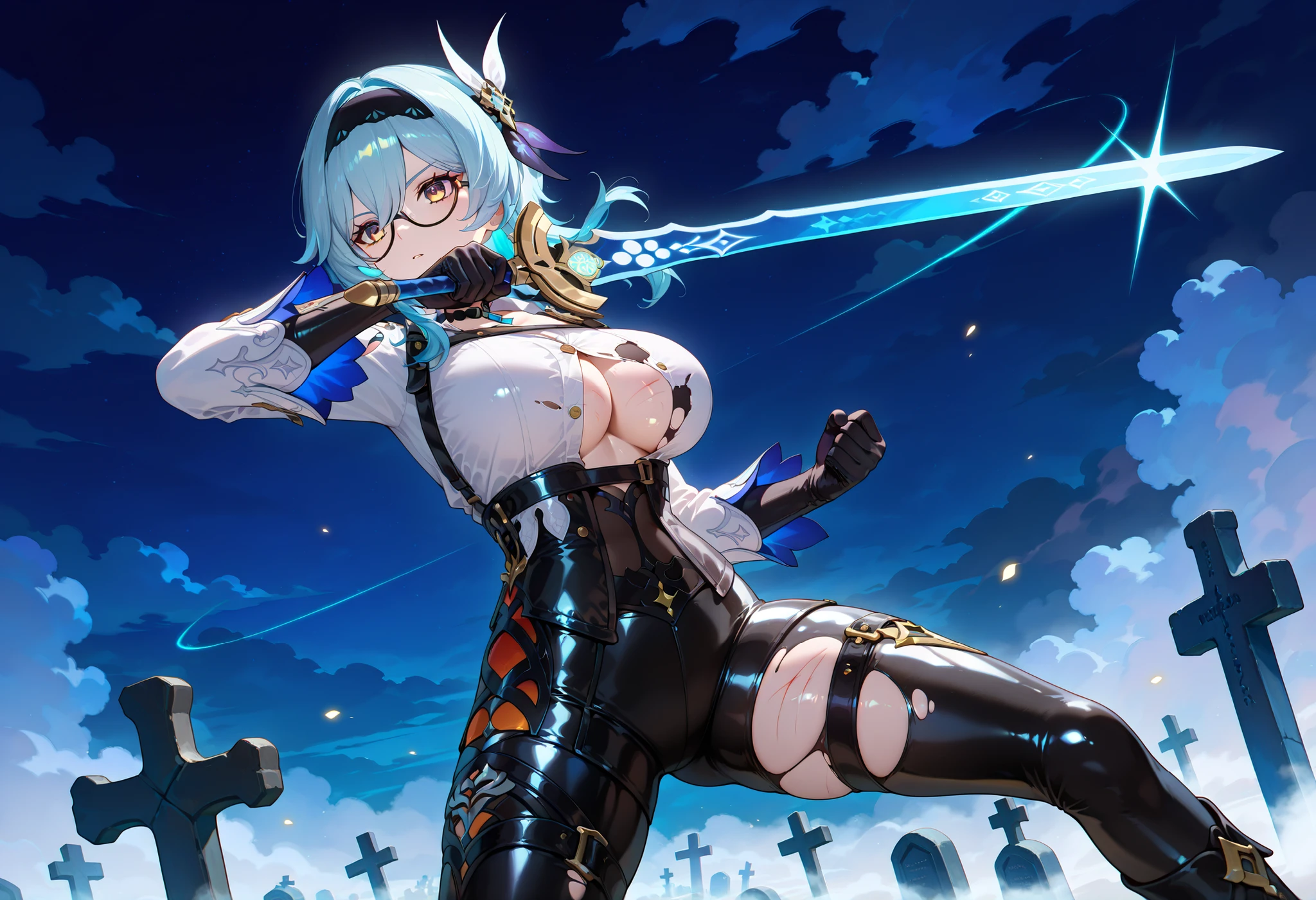 ((dark filter)), ((torn clothing)), ((scratches on the body )), BREAK EulasDxL,a Woman, Alone, seen from the front, Fighting pose, Holds a sword, con la mano Holds a sword, mirando al espectador, eyeglasses, hair ornament, thighhighs, Gloves, Chest harness, long sleeves white, blue hair, yellow eyes, headband, medium hair, big breasts , thigh harness, black headband, choker:1.6, (( Buttoned white buttoned shirt)), ((long sleeve buttoned white ripped shirt)), ((black leather corset)), black leather gloves, (((Shiny black leather leggings))), black leather boots, multicolored eyes, (impact of Genshin),cowboy shot, tombstones, cemetery , dry trees, (fog), at night, cloudy sky, ((dark sky))