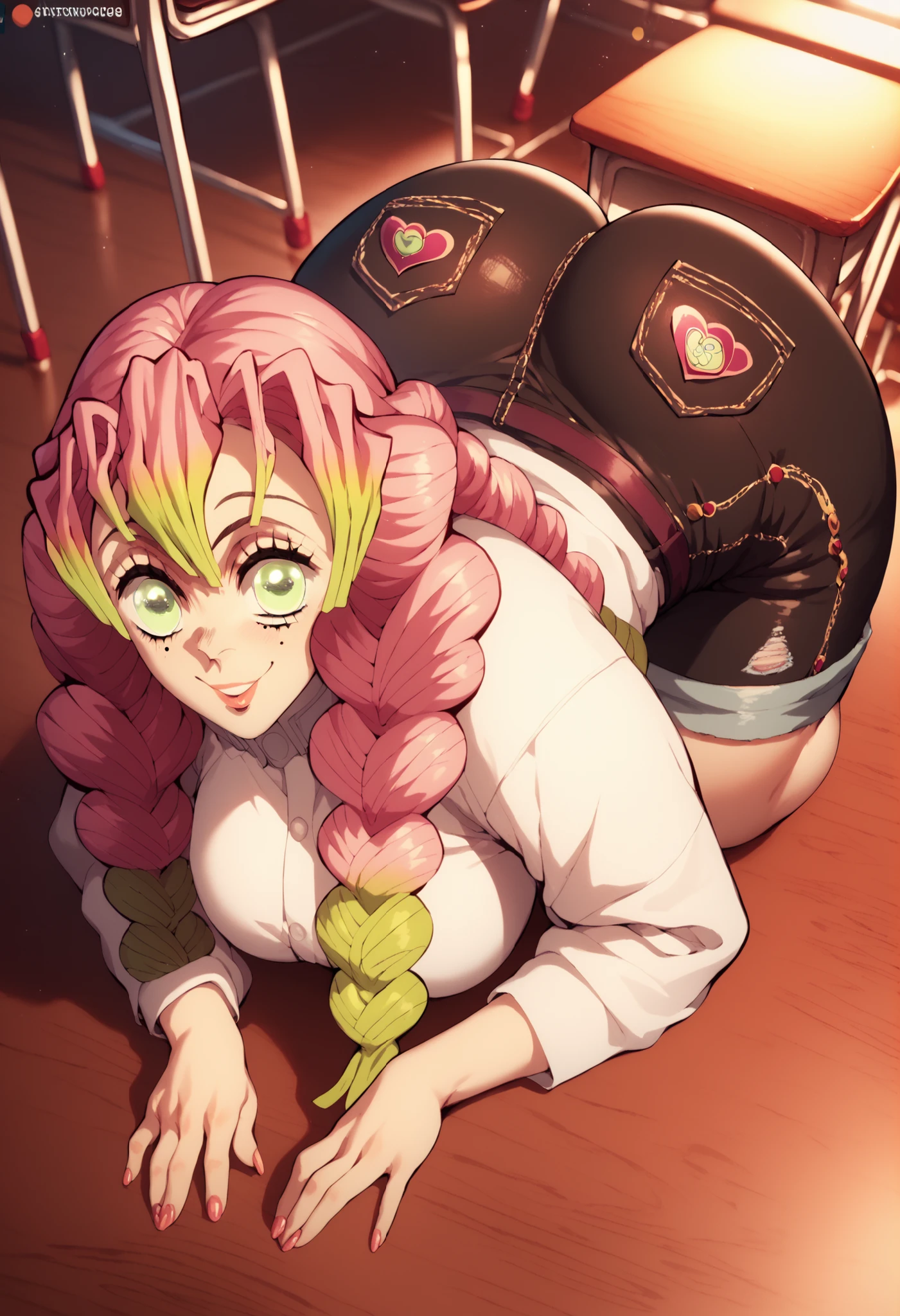 Mitsuri Kanroji curly pink hair big green eyes medium large breasts and Dome healed thick thighs big butt black shorts jeans white blouse perking up her sexy ass inside the classroom big thick thighs and big ass posing sexy