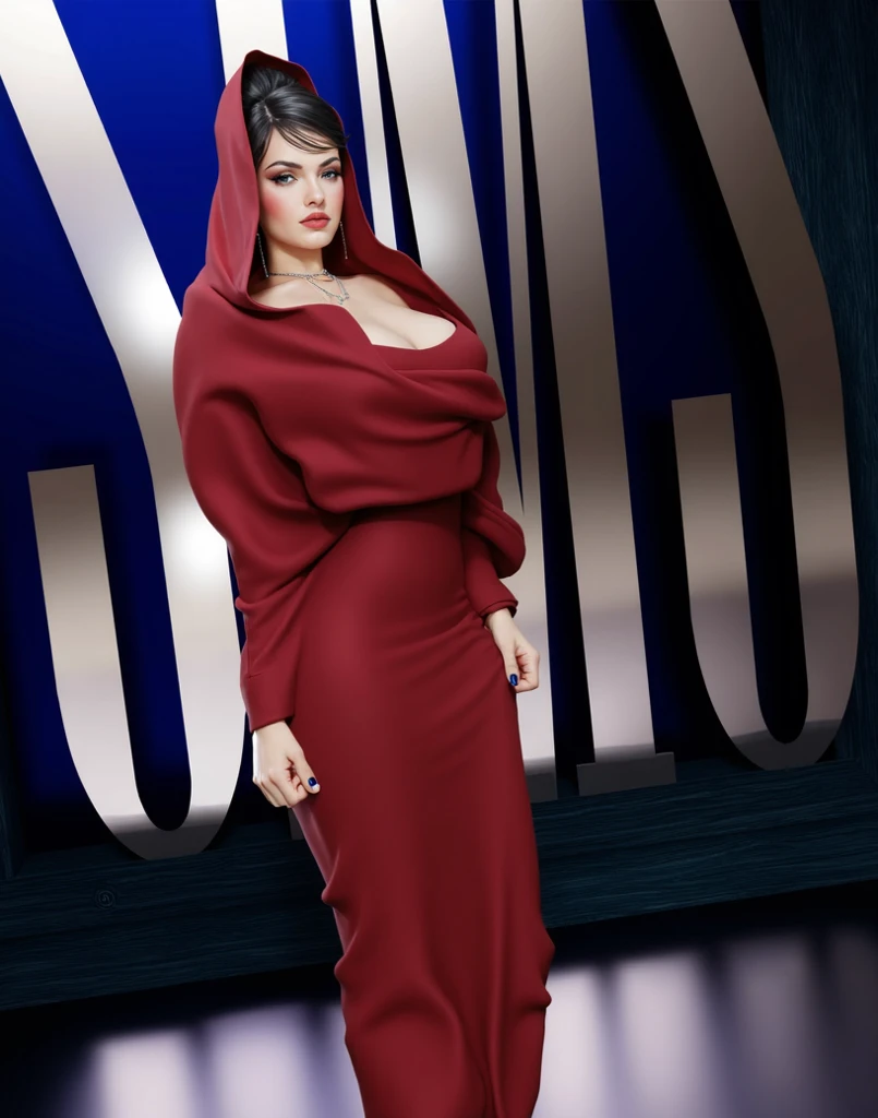 Semi-realistic digital painting, elegant full-body portrait, smooth painterly brush strokes, highly detailed facial features, hand-painted realistic hair, refined clothing textures, dramatic soft lighting, fashion editorial aesthetic, cinematic composition, polished yet artistic illustration style.