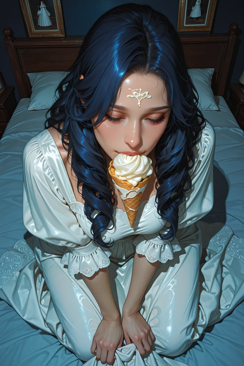very girl, long black hair, glasses, , ((, on face, deep , stuck in the whole mouth, a lot of ,)) small , look, big window with night view , stars, moon, (art inspired by Bill Sienkiewicz). oil painting)