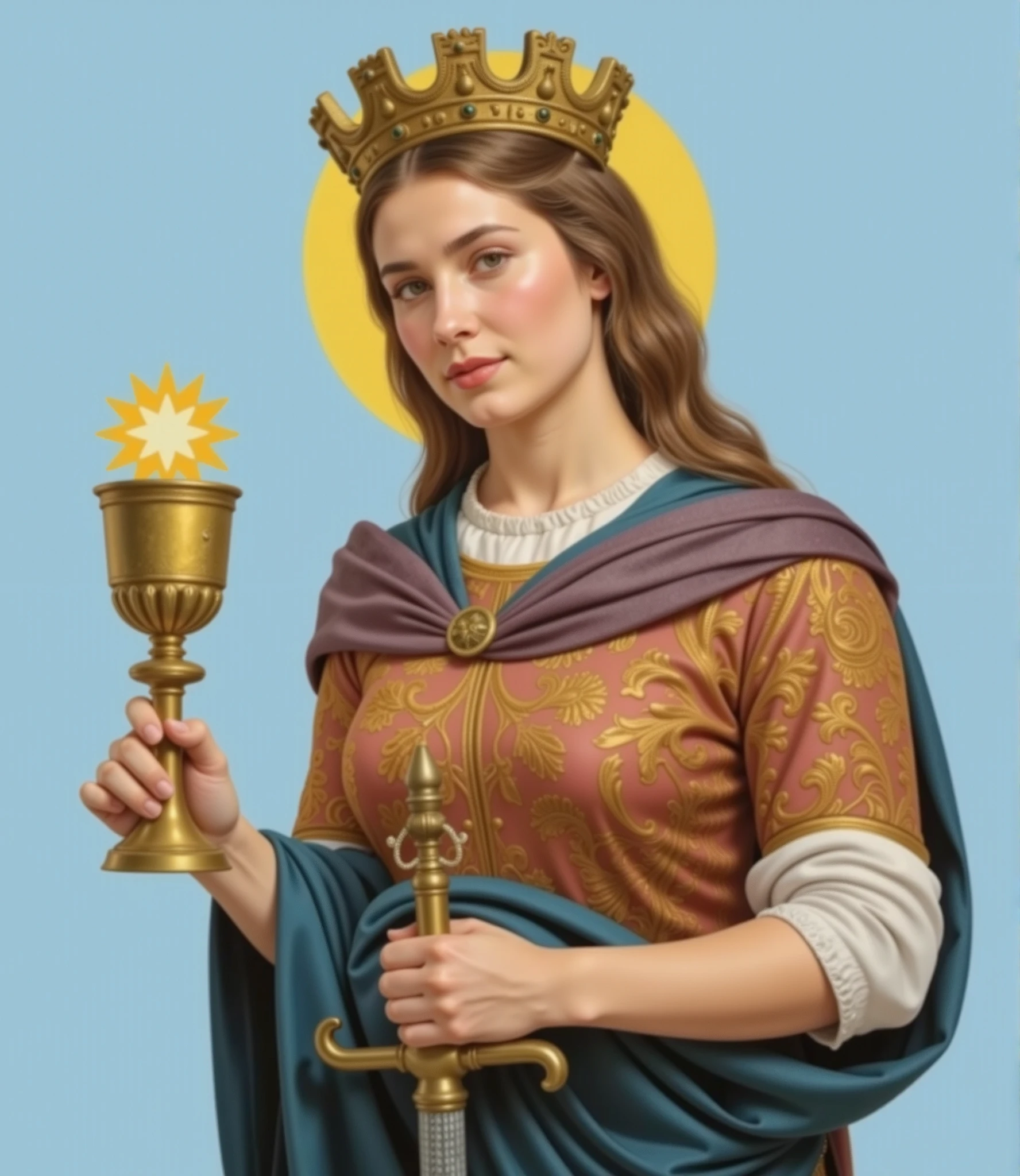 A Turkish princess standing in soft golden light, with long, flowing golden hair cascading down her shoulders. Her expression is serene and regal. She wears a richly embroidered traditional Ottoman gown with deep red and sapphire blue tones, adorned with gold filigree and delicate patterns. On her head rests a unique crown shaped like a miniature stone tower, complete with tiny arched windows and decorative crenellations, symbolizing strength and solitude. Her background is softly blurred, evoking a palace courtyard at sunset, with warm tones and subtle architectural hints. The image is rendered in ultrarealistic photographic style, with lifelike skin texture, detailed fabric folds, and natural lighting.