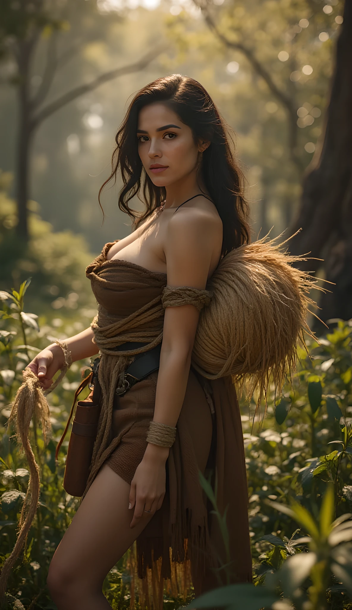 Ancient prehistoric age era,
(Stone civilization age era:1.6),
((Realistic cinematography ultra-wide depth intense details of realistically natural scenery of deep forest)),a thick flax fibers rope,a detailed of primitive primordial female turk,holding and griping a thick flax fiber rope coil,(plant fiber thick cord coil),(tribal primitives guild),((livelihood)),wearing fully, long fur primitively fabric long tunic robe dress,,,(perfectly depth symmetrically curvy busty body shapely),(cinematic dynamically camera widely angle scenery:accurately depicted:1.3),the lively prehistoric cradle of history depicting scenery,afternoon,realistically full depth,(cinematography dynamic angle|hyperrealistic:realistic scenery:3d texture over the scenery),best videography angle,hdr,golden hour, (cinematography vibe),primitive fabric wardrobe,(dynamic image composition),(octane 3d rendering|50mm lens shot:1.3),(precise lifelike skin texture:lifelike hairs:realism),(best rule of third photography composition),(best image aperture),(full details depth of field),(best shutter speed),(RAW photo image),(photorealistic|photorealism:hyperrealism style),(realistic depth 3d:cgi:1.3),(trending on cgsociety:devianart:unreal engine 5),,(best photography:national Geographic style), stonePunkAi and bronzePunkAi artwork, digital art,best lighting concept,(realistic intricately fixed truly fully human's anatomy body+hands+and+fingers anatomical),natural motion,inspired by farcry5 game artwork.