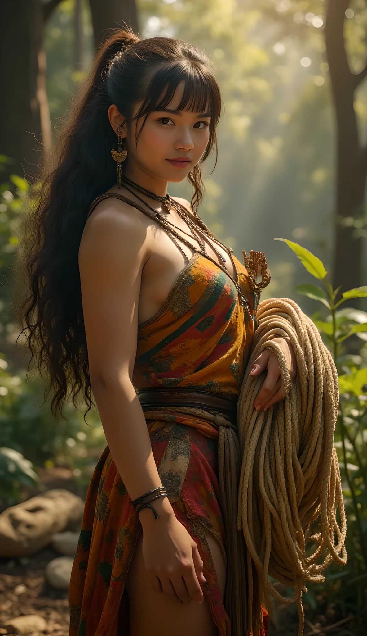 Ancient prehistoric age era,
(Stone civilization age era:1.6),
((Realistic cinematography ultra-wide depth intense details of realistically natural scenery of deep forest)),a thick flax fibers rope,a detailed of primitive primordial female turk,holding and griping a thick flax fiber rope coil,(plant fiber thick cord coil),(tribal primitives guild),((livelihood)),wearing fully, long fur primitively fabric long tunic robe dress,,,(perfectly depth symmetrically curvy busty body shapely),(cinematic dynamically camera widely angle scenery:accurately depicted:1.3),the lively prehistoric cradle of history depicting scenery,afternoon,realistically full depth,(cinematography dynamic angle|hyperrealistic:realistic scenery:3d texture over the scenery),best videography angle,hdr,golden hour, (cinematography vibe),primitive fabric wardrobe,(dynamic image composition),(octane 3d rendering|50mm lens shot:1.3),(precise lifelike skin texture:lifelike hairs:realism),(best rule of third photography composition),(best image aperture),(full details depth of field),(best shutter speed),(RAW photo image),(photorealistic|photorealism:hyperrealism style),(realistic depth 3d:cgi:1.3),(trending on cgsociety:devianart:unreal engine 5),,(best photography:national Geographic style), stonePunkAi and bronzePunkAi artwork, digital art,best lighting concept,(realistic intricately fixed truly fully human's anatomy body+hands+and+fingers anatomical),natural motion,inspired by farcry5 game artwork.