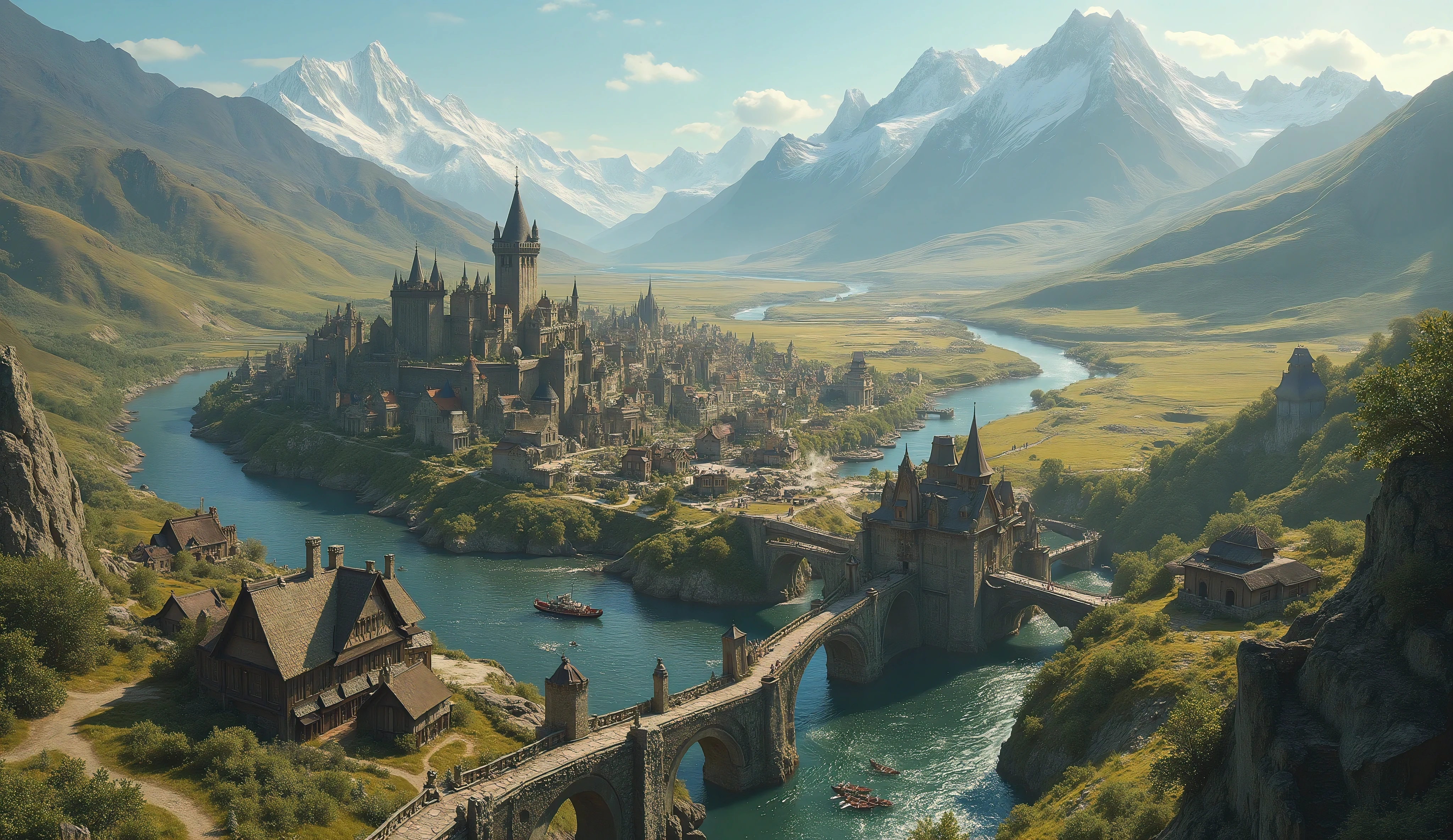 A breathtaking high fantasy medieval town sprawls along a winding river that cuts through a vast verdant plain, viewed from a wide aerial perspective. Stone bridges arch gracefully over the glittering water, connecting the two halves of the settlement. Thatched-roof cottages with colorful facades cluster around a central Plaza, an ornate tower rise prominently at the town center. Tiny boats and barges dot the river's surface. In the far distance, a magnificent mountain range with snow-capped peaks creates a dramatic backdrop against the clear blue sky. Golden afternoon light bathes the scene, casting long shadows across the landscape. Photorealistic, highly detailed, epic scale, cinematic lighting