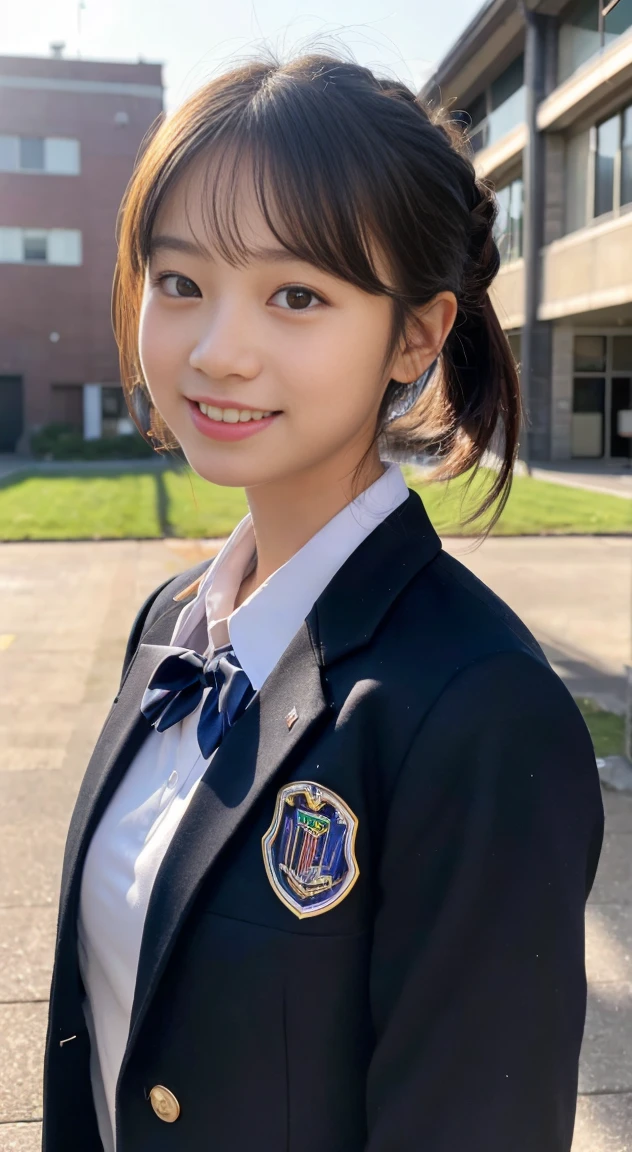 (highest quality,8K quality,masterpiece:1.3),(Ultra-high resolution,Photorealistic:1.4,RAW Photos),(Very detailed,Caustics,Detailed Background),(Ultra-Realistic Capture,Beautiful and detailed skin,Perfect ),At dusk,Sunset sky,School building,Schoolyard,18-year-old,cute,single eyelid,Black short bob,School blazer uniform,Looking at the camera,Laughter,Bust up shot,Natural soft light