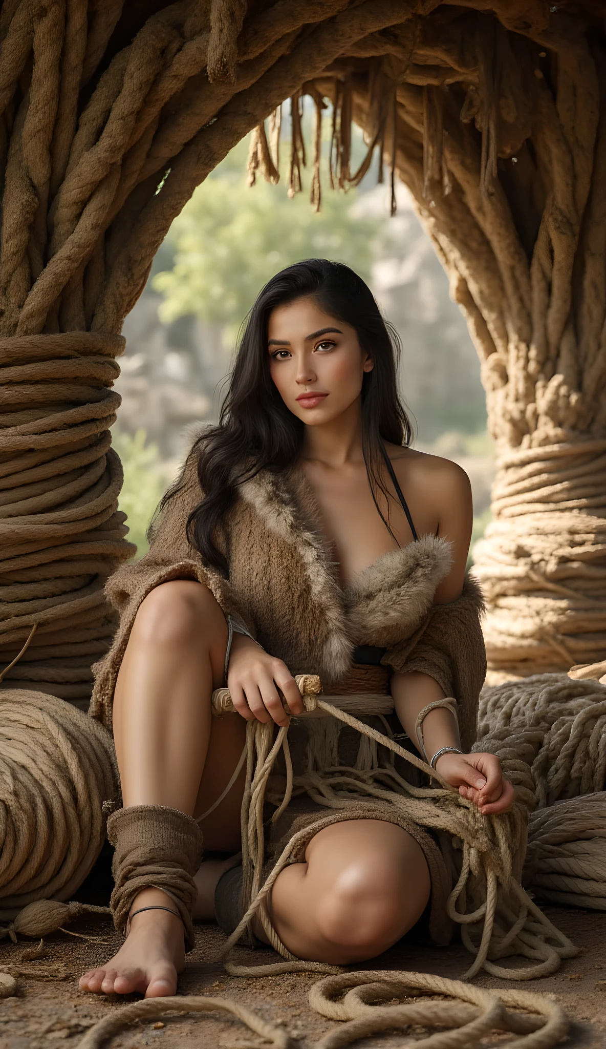 Ancient prehistoric age era,
(Stone civilization age era:1.6),
((Realistic cinematography ultra-wide depth intense details of realistically natural scenery of inner cave shelter)),stacked of thick flax fibers rope on the background,a detailed of primitive primordial female turk sitting pose,woven and knitting a lot of thick flax raw fibers coil,(plant fiber thick cord materials),(tribal primitives guild),((vivacious)),wearing fully, long fur primitively fabric long tunic robe dress,,,(perfectly depth symmetrically curvy busty full body shapely),(cinematic dynamically camera widely angle scenery:accurately depicted:1.3),the lively prehistoric cradle of history depicting scenery,afternoon,realistically full depth,(cinematography dynamic angle|hyperrealistic:realistic scenery:3d texture over the scenery),best videography angle,hdr,golden hour, (cinematography vibe),primitive fabric wardrobe,(dynamic image composition),(octane 3d rendering|50mm lens shot:1.3),(precise lifelike skin texture:lifelike hairs:realism),(best rule of third photography composition),(best image aperture),(full details depth of field),(best shutter speed),(RAW photo image),(photorealistic|photorealism:hyperrealism style),(realistic depth 3d:cgi:1.3),(trending on cgsociety:devianart:unreal engine 5),,(best photography:national Geographic style), stonePunkAi and bronzePunkAi artwork, digital art,best lighting concept,(realistic intricately fixed truly fully human's anatomy body+hands+and+fingers anatomical),natural motion,inspired by farcry5 game artwork.