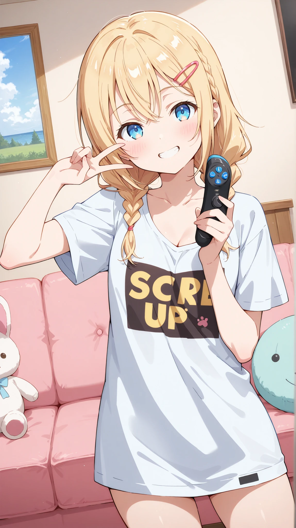 masterpiece , best quality , highly detailed , ultra high res , Score_9, Score_8_up, Score_7_up, perfect anatomy, detailed fingers, detailed eyes,
cowboy shot, dutch angle, focus on face,
1 girl, flat chest, small breasts, cleavage, blonde hair, blue eyes, hair all up, tied braids, over sized t shirt,
in boy's room, careless, peace sign, mischievous laugh, game controller in hand, sofa,
blush, grin, happy, fun, she posing,
in her room, pastel decorated room, animal stuffed toys, she is chilling, side , hair clips,