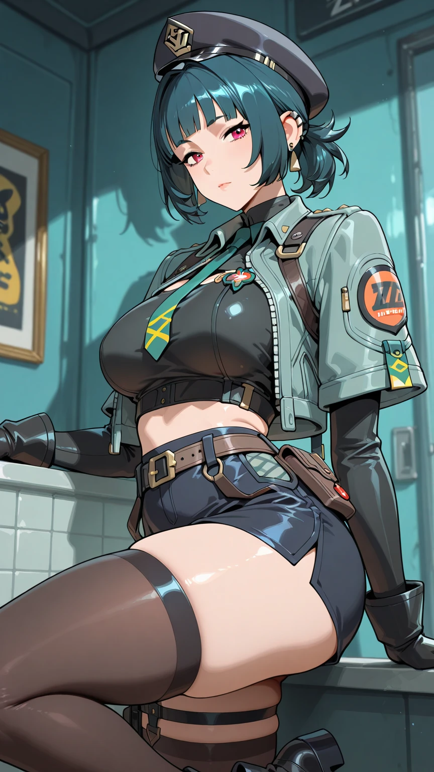 Masterpiece, best quality, Masterpiece, best quality, 1 woman , blue eyes , Blue Bob , coat , sly face , cold , black  , abdomen,  , Long legs , canvas shoes , Put your hands on your .. , abandoned factory , at night