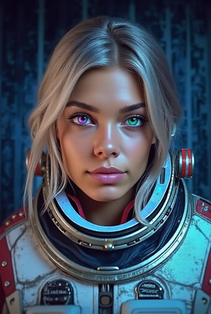 a beautiful 18 year old girl with bionic implants, green eyes, violet hair, skin as white as snow, super , extreme realism, (hdr), detailed face, intricate mechanical details, glowing cybernetic enhancements, dynamic pose, dramatic lighting, cinematic composition, photorealistic, 8k, masterpiece, posing with her face sideways with a smile.