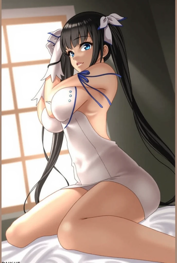 all fours, (((blue leather playboy bunny))), blue pantyhose, blue leotard, rabbit ears, blue bowtie, blue footwear, wrist cuffs, high heels, luxury room background, kanu unchou, anime cels style, best quality, high resolution, 1girl, (huge breasts:1.3), beautiful face, black hair, long hair, ((hair over one eye)), blue eye, navel, cowboy shot, puckered up lips