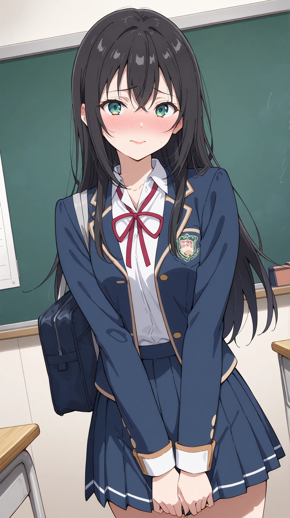 masterpiece , best quality , highly detailed , ultra high res , Score_9, Score_8_up, Score_7_up, perfect anatomy, detailed fingers, detailed eyes,
cowboy shot, dutch angle, focus on face,
"A Very beautiful Adult Girl" , "black hair" , "covered hair eye, school uniform, pleated skirt, in bag" , "embarrassed and blushing" , "fit body" , "Lipstick and long eyelashes" , "green eyes", "cute girl, blushing, shy scenery" "classroom, japanese pose"