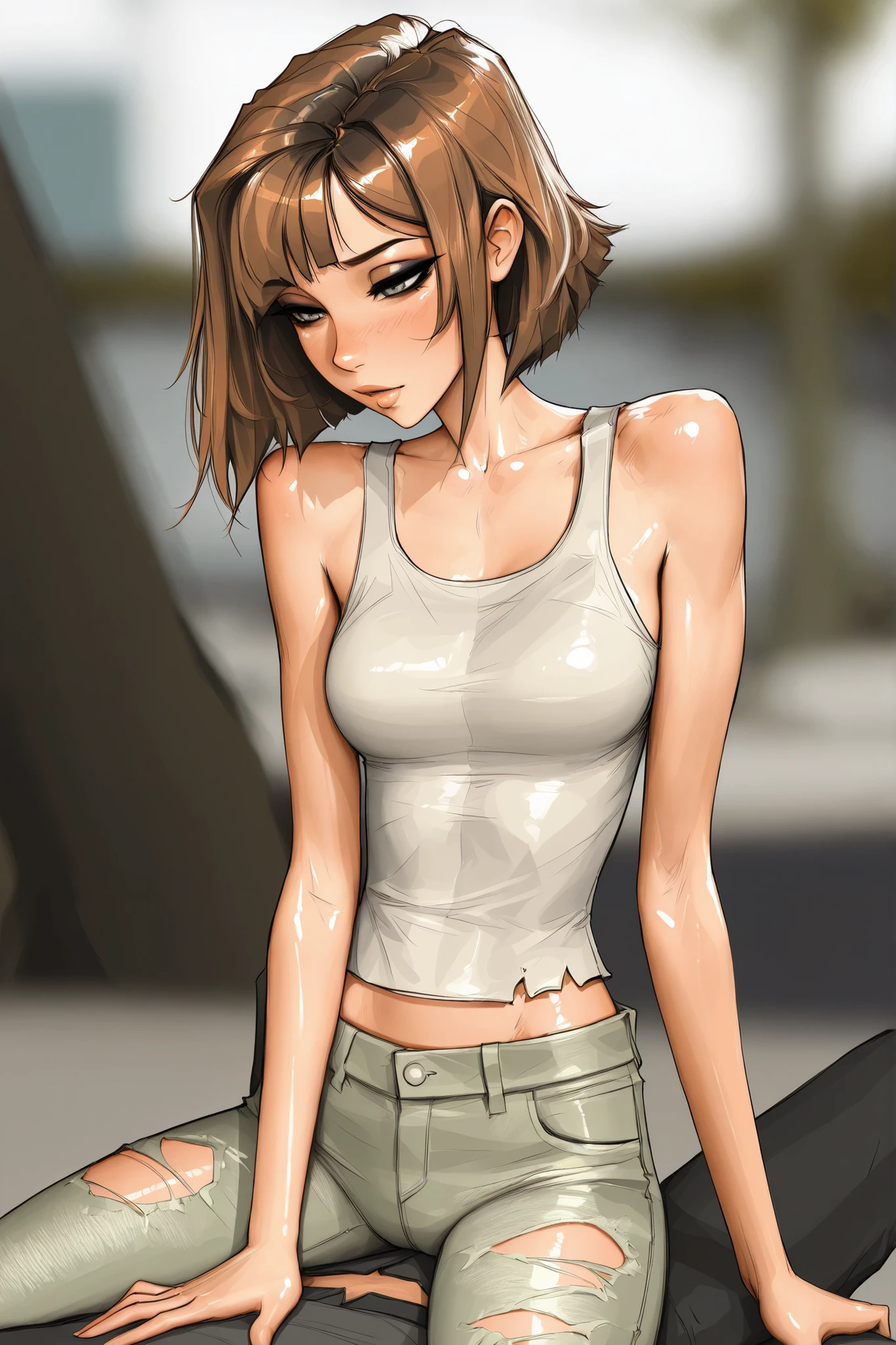 Michelle Trachtenberg, 20 year old woman,  1girl, skinny, short brown hair, gray greenish eyes, eyeliner,   , torn up baggy jeans, , sam yang, shirow masamune art style, masterpiece, best quality, very aesthetic, movie quality, depth of field, soft saturation, focused subject, ,official style, shiny skin, closeup, (1 man,  )