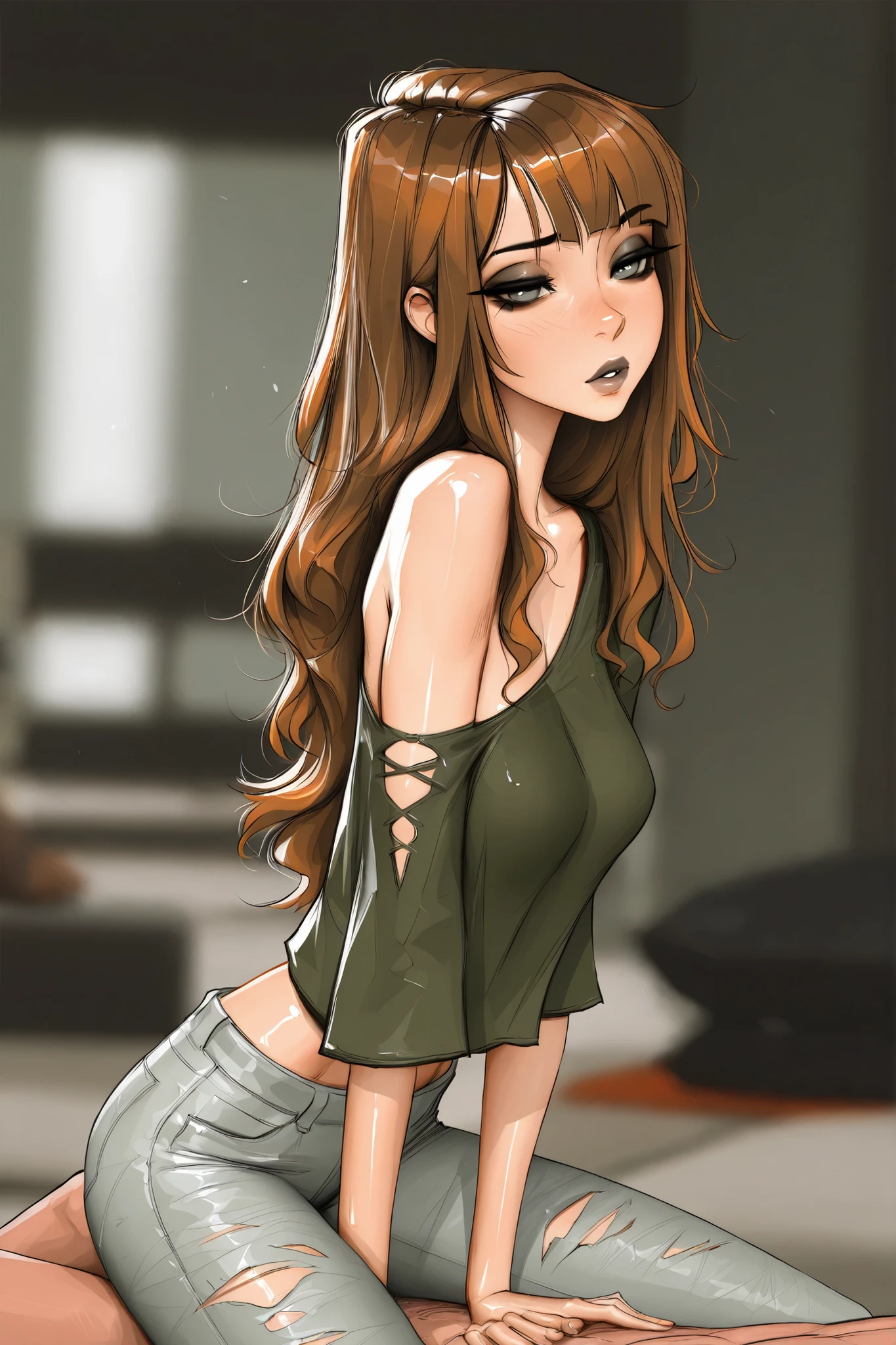 Michelle Trachtenberg, 20 year old woman,  1girl, skinny, short brown hair, gray greenish eyes, black eyeliner,   , torn up baggy jeans, , sam yang, shirow masamune art style, masterpiece, best quality, very aesthetic, movie quality, depth of field, soft saturation, focused subject, ,official style, shiny skin, closeup, (1 man,  )