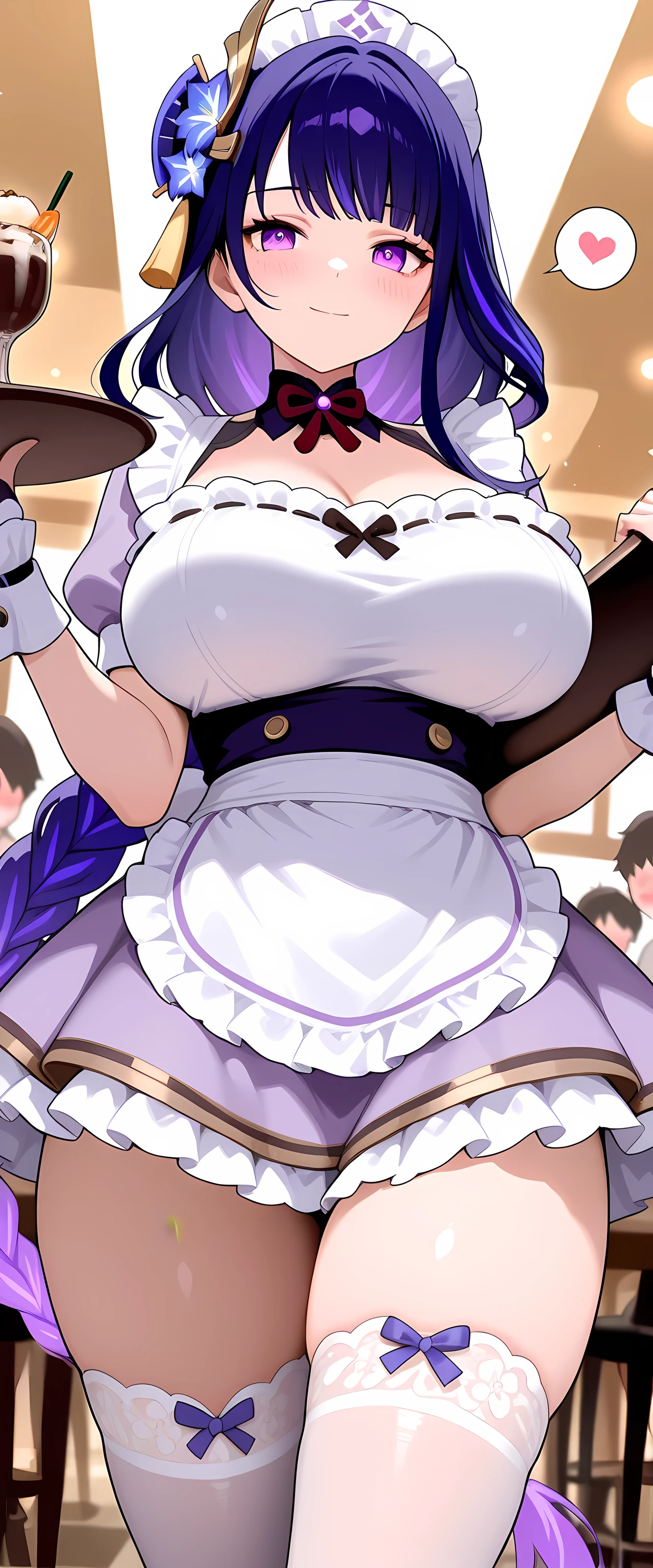 masterpiece), best quality,1girl,raiden shogun_(genshin impact),maid,(cute clothes),waitress,maid outfit,purple clothes,big breasts,breast jiggle,frilled dress,frilled skirt,lace stockings,curvy,long detached gloves,thigh high stockings,thigh strap,blush,confident smile,cowboy shot,indoors,crowd,cafe,tray,holding tray,drinks,serving,heart choker,spoken heart,(young girl)